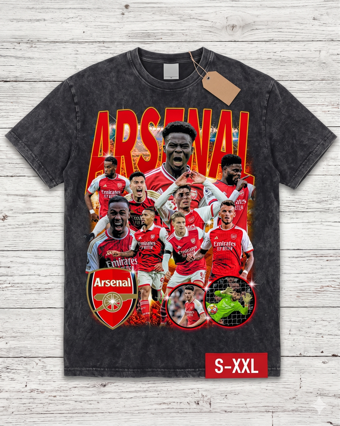 ARSENAL SOCCER Jumbo Print Acid Washed Vintage 90s Style Heavyweight T-Shirt