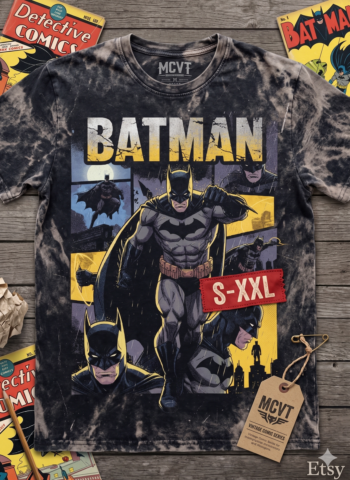 BATMAN Jumbo Print Acid Washed Vintage 90s Style Heavyweight T-Shirt