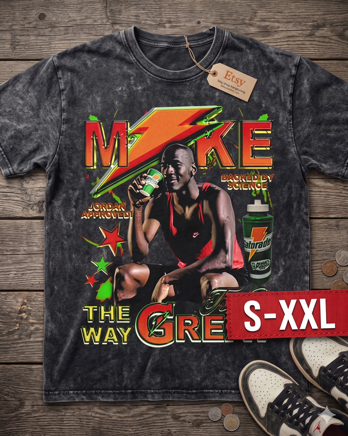 BE LIKE MIKE Jumbo Print Acid Washed Vintage 90s Style Heavyweight T Shirt