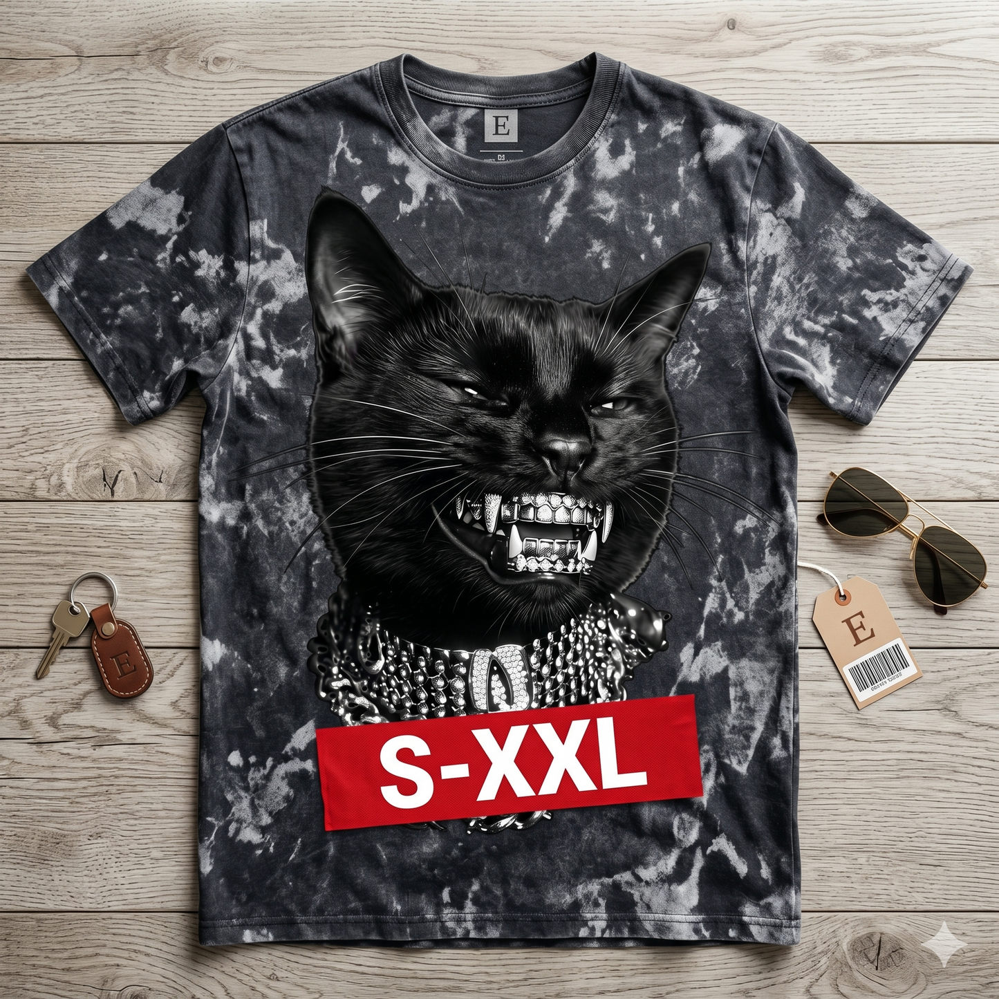 BLACK CAT WITH GRILL Jumbo Print Acid Washed Vintage 90s Style Heavyweight T Shirt