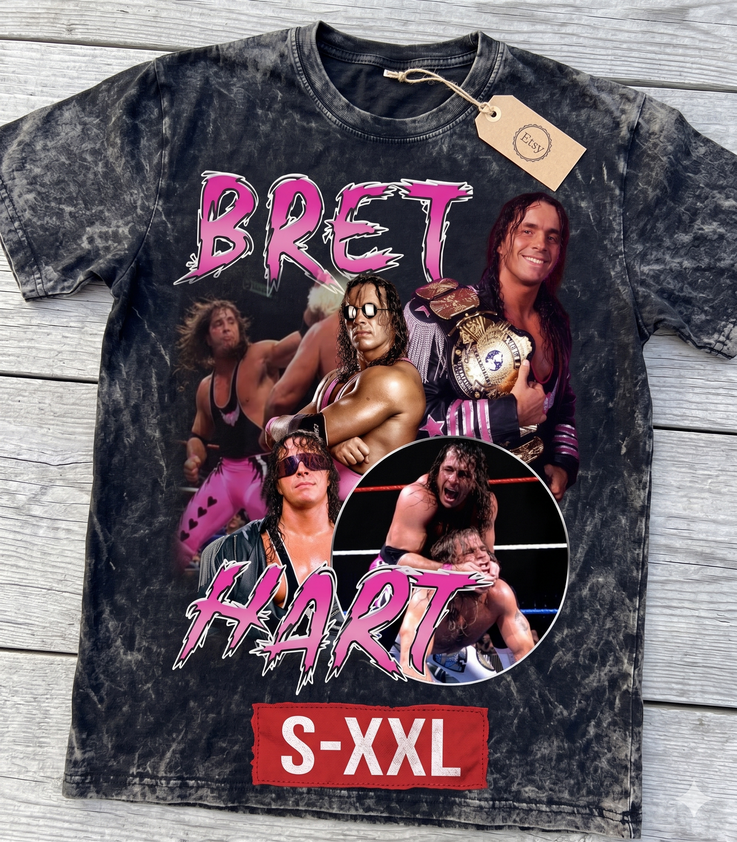 BRET HART Jumbo Print Acid Washed Vintage 90s Style Heavyweight T-Shirt