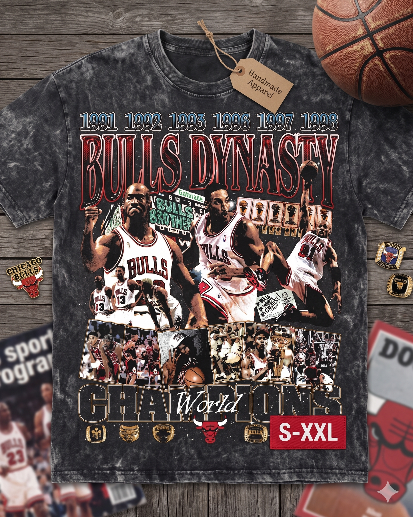 THE DYNASTY Jumbo Print Acid Washed Vintage 90s Style Heavyweight T Shirt