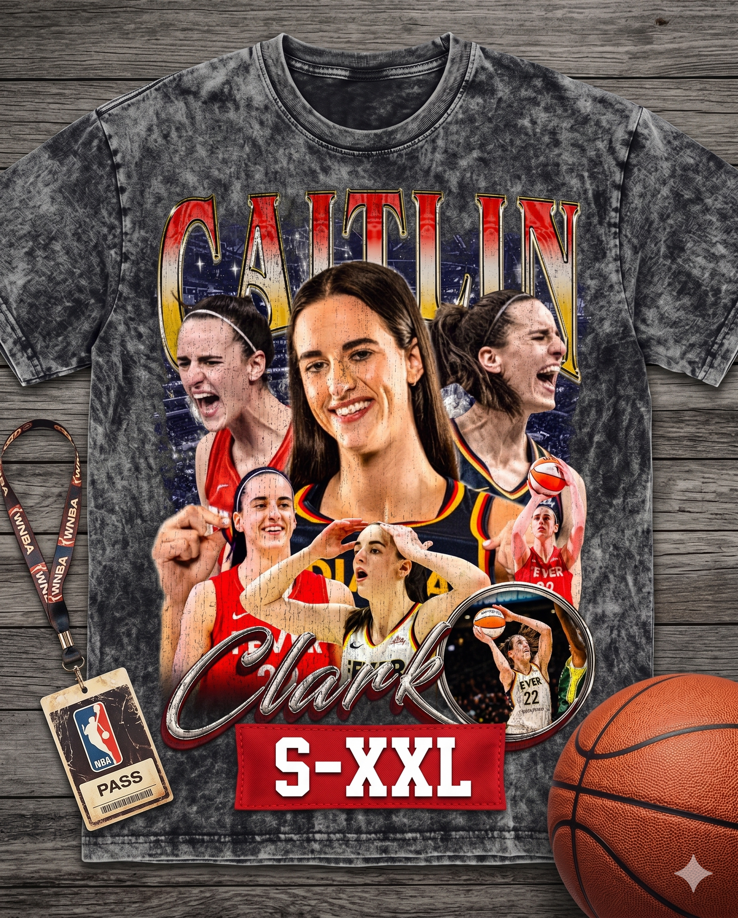 CAITLIN CLARK Jumbo Print Acid Washed Vintage 90s Style Heavyweight T-Shirt