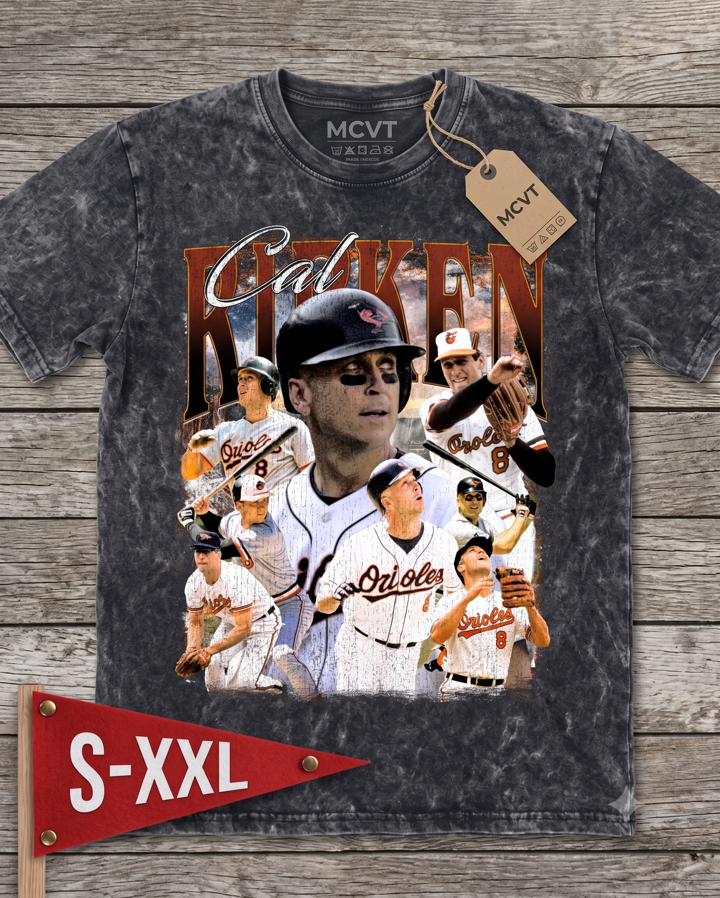 CAL RIPKEN Jumbo Print Acid Washed Vintage 90s Style Heavyweight T-Shirt
