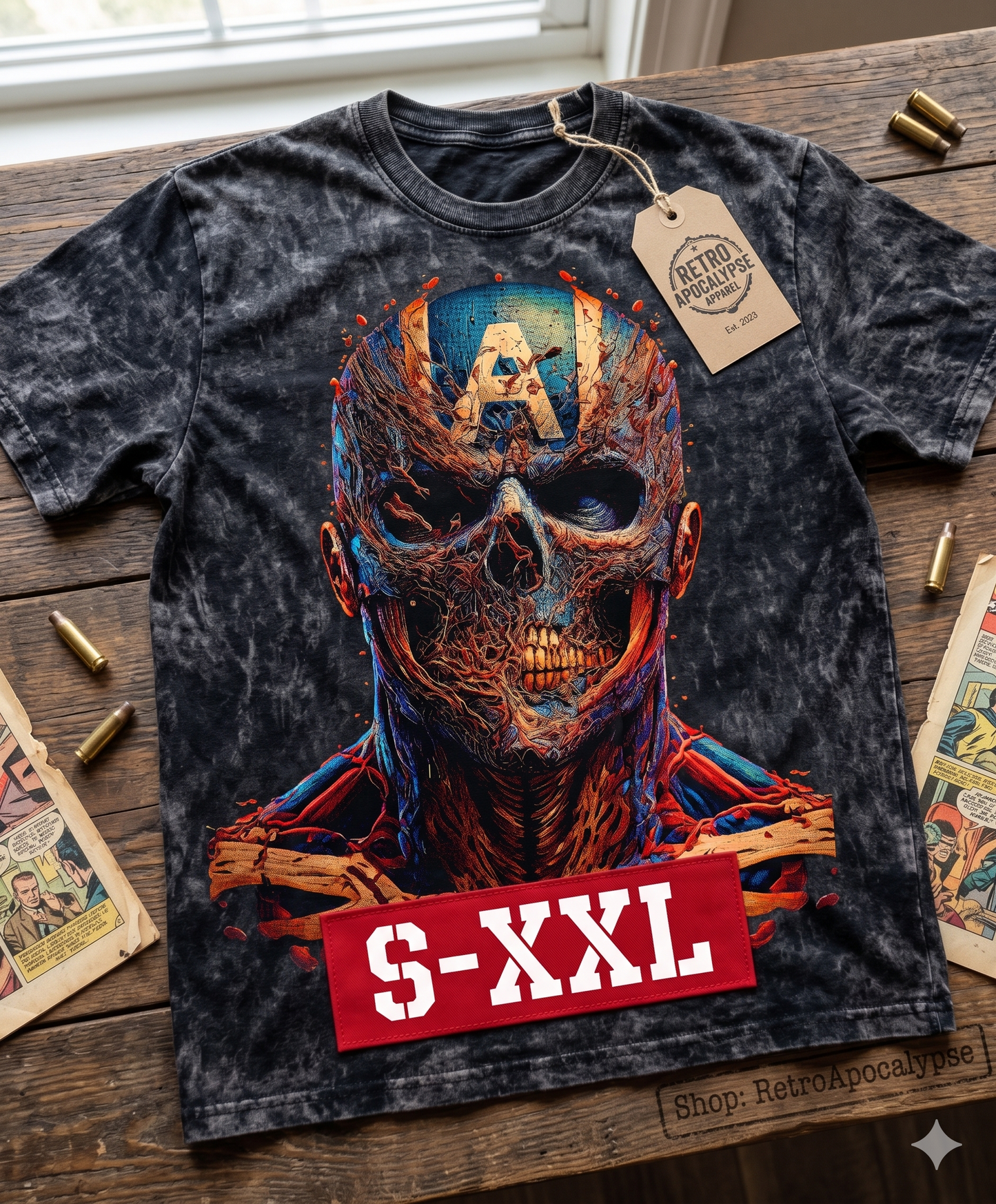 CAPTAIN ZOMBIE Jumbo Print Acid Washed Vintage 90s Style Heavyweight T-Shirt