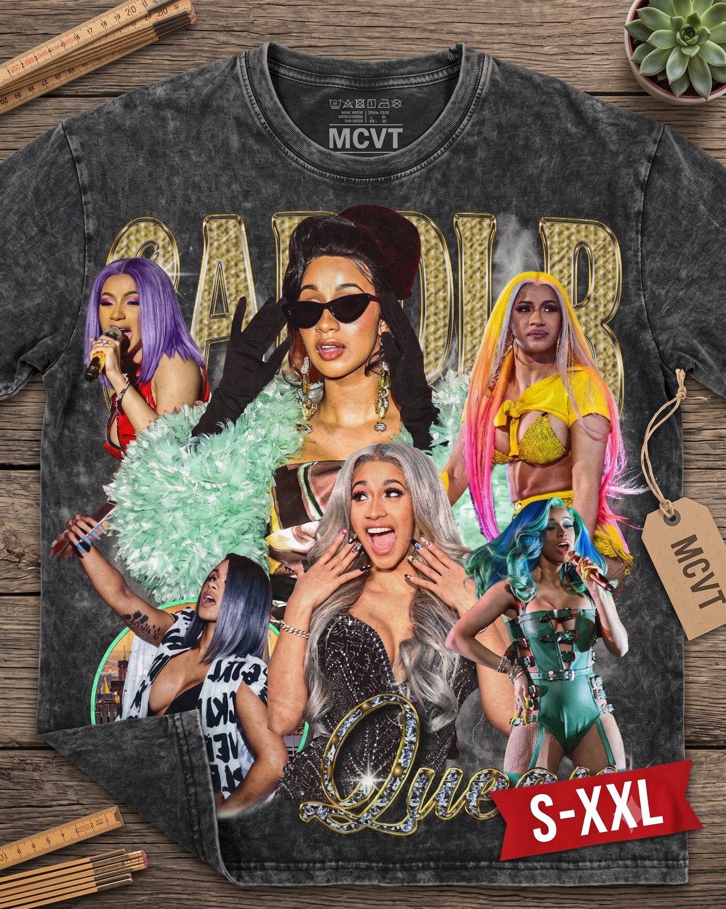 CARDI B Jumbo Print Acid Washed Vintage 90s Style Heavyweight T-Shirt