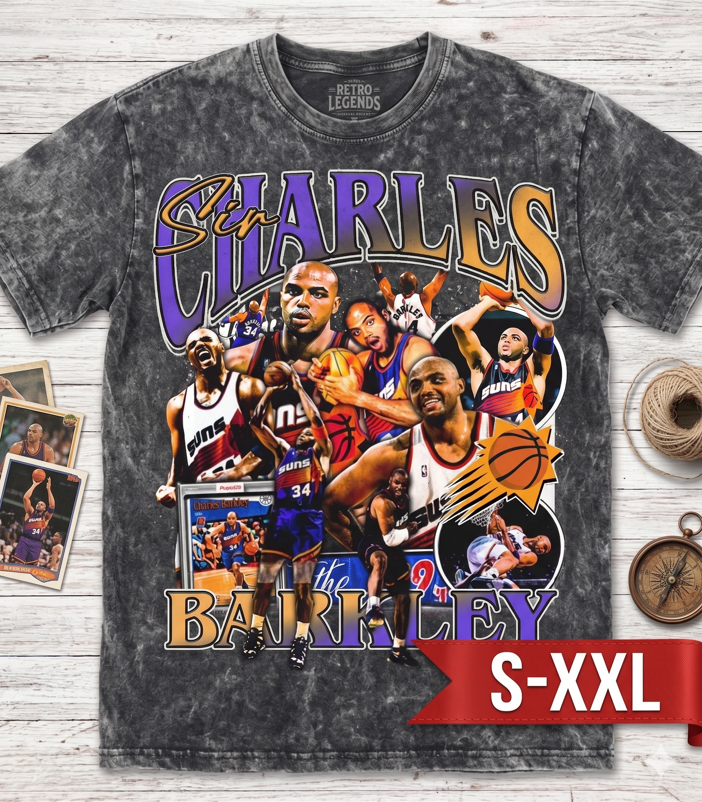 CHARLES BARKLEY Jumbo Print Acid Washed Vintage 90s Style Heavyweight T-Shirt