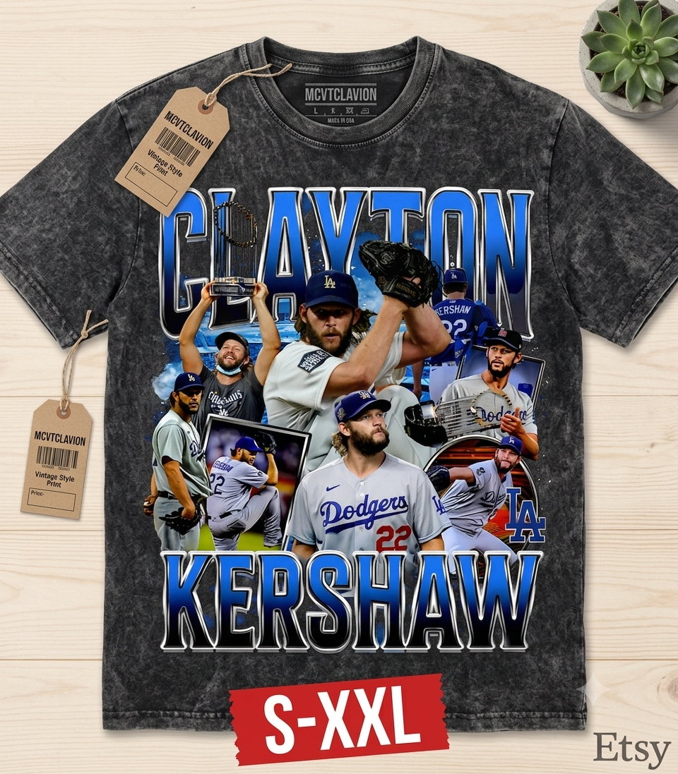 CLAYTON KERSHAW Jumbo Print Acid Washed Vintage 90s Style Heavyweight T-Shirt