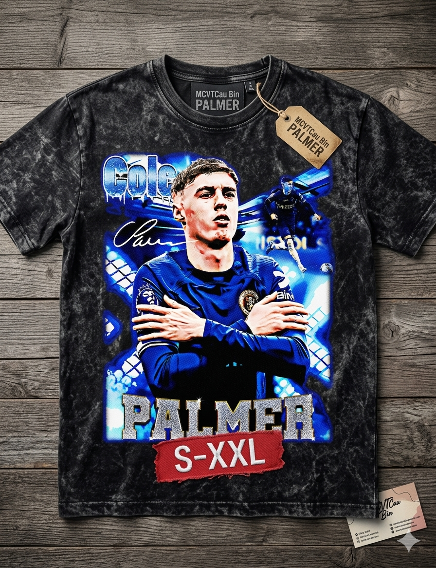 COLE PALMER Jumbo Print Acid Washed Vintage 90s Style Heavyweight T-Shirt