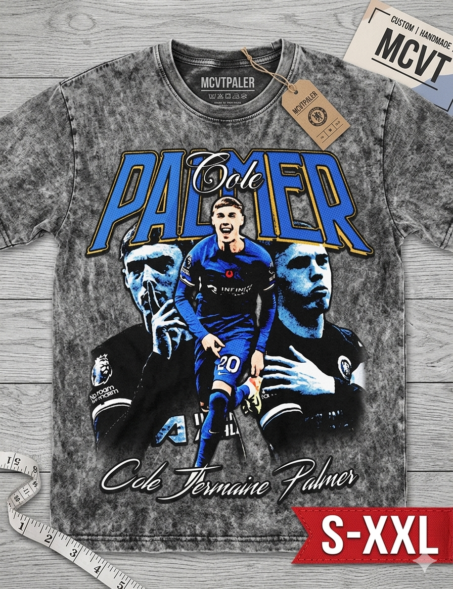 COLE PALMER Jumbo Print Acid Washed Vintage 90s Style Heavyweight T-Shirt
