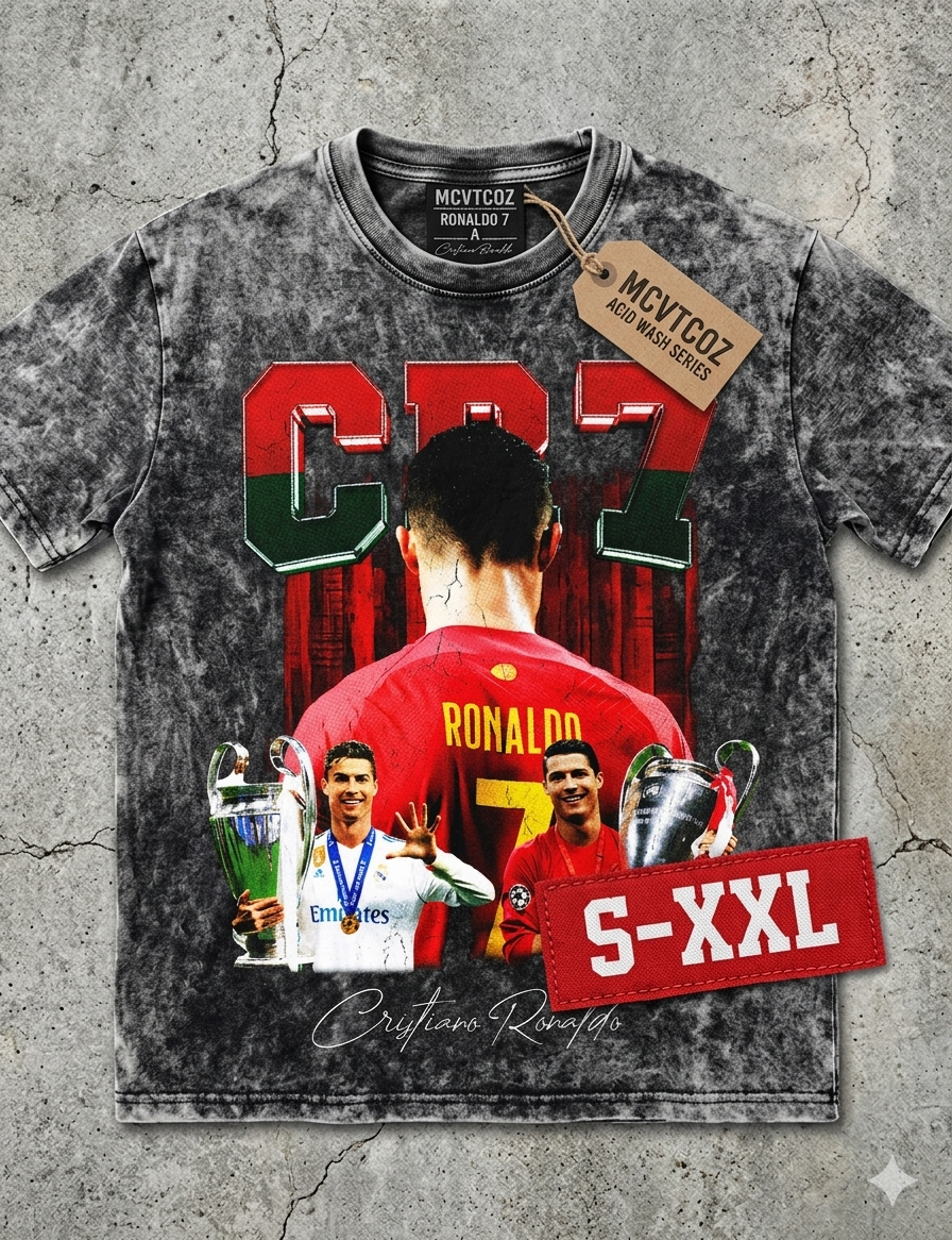 RONALDO Jumbo Print Acid Washed Vintage 90s Style Heavyweight T-Shirt