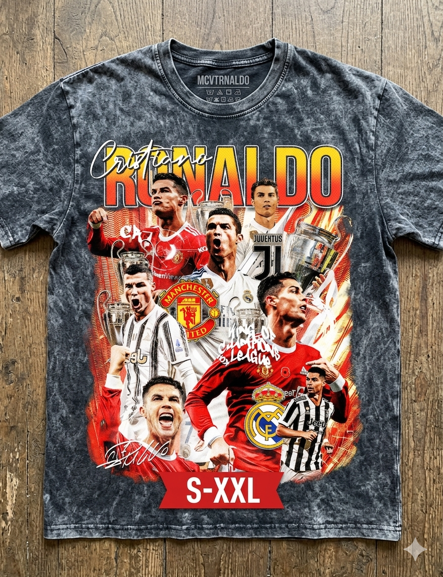 CRISTIANO RONALDO Jumbo Print Acid Washed Vintage 90s Style Heavyweight T-Shirt