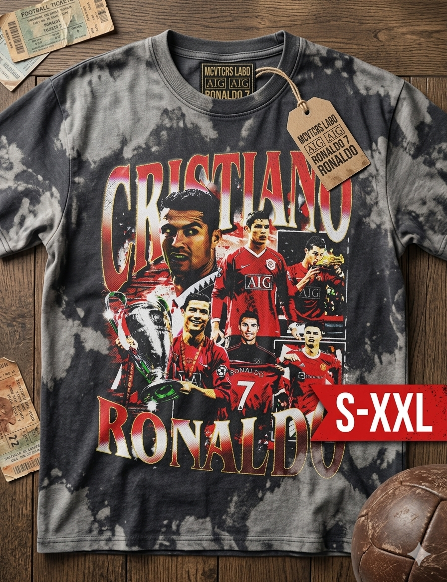 CRISTIANO RONALDO Jumbo Print Acid Washed Vintage 90s Style Heavyweight T-Shirt