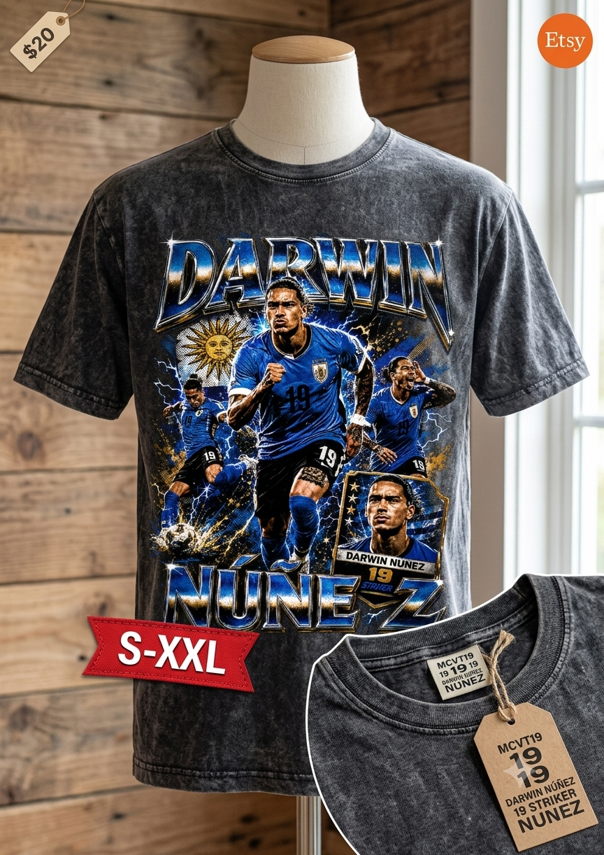 DARWIN NUNEZ Jumbo Print Acid Washed Vintage 90s Style Heavyweight T-Shirt