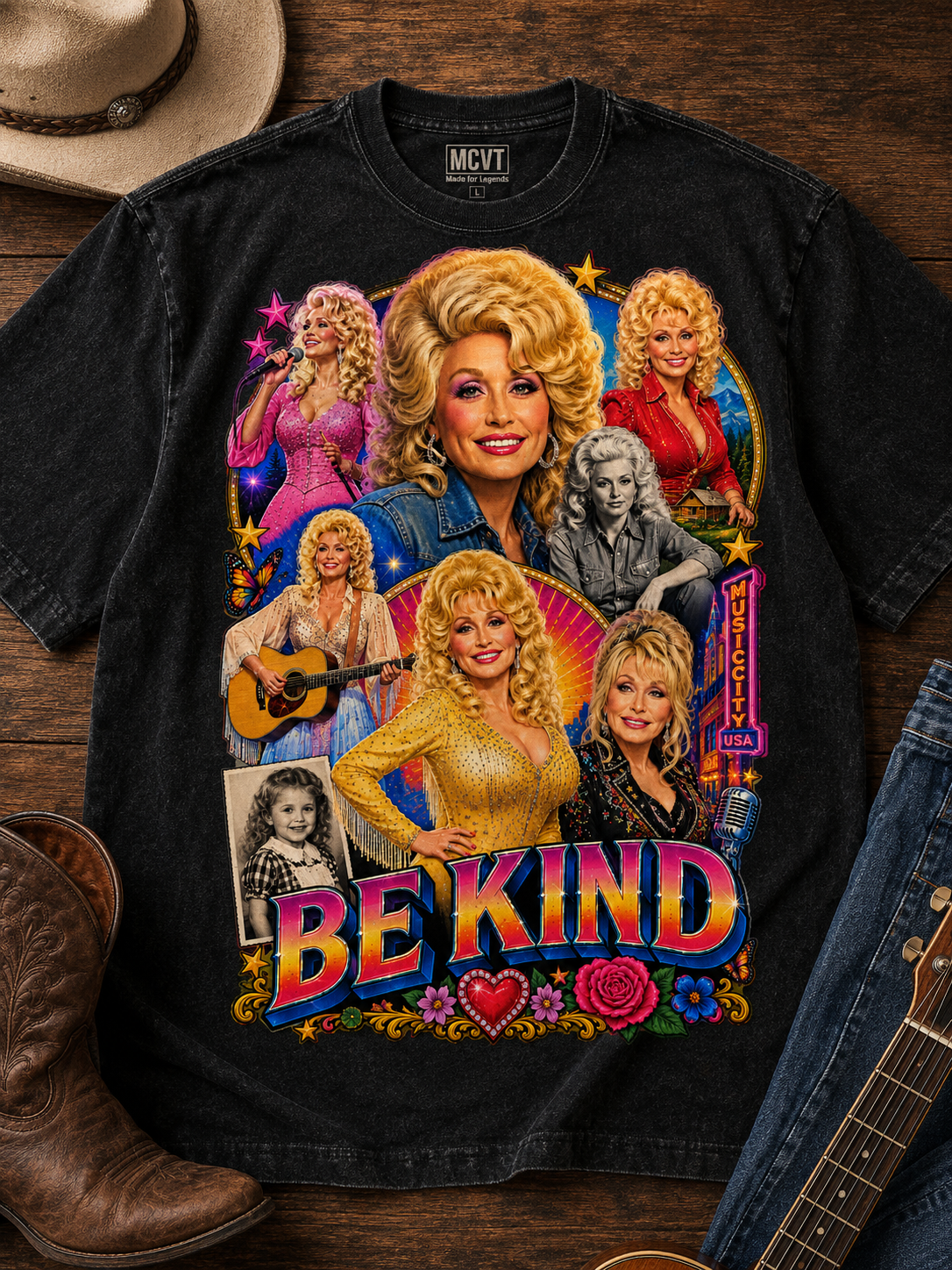 DOLLY PARTON Jumbo Print Acid Washed Vintage 90s Style Heavyweight T-Shirt
