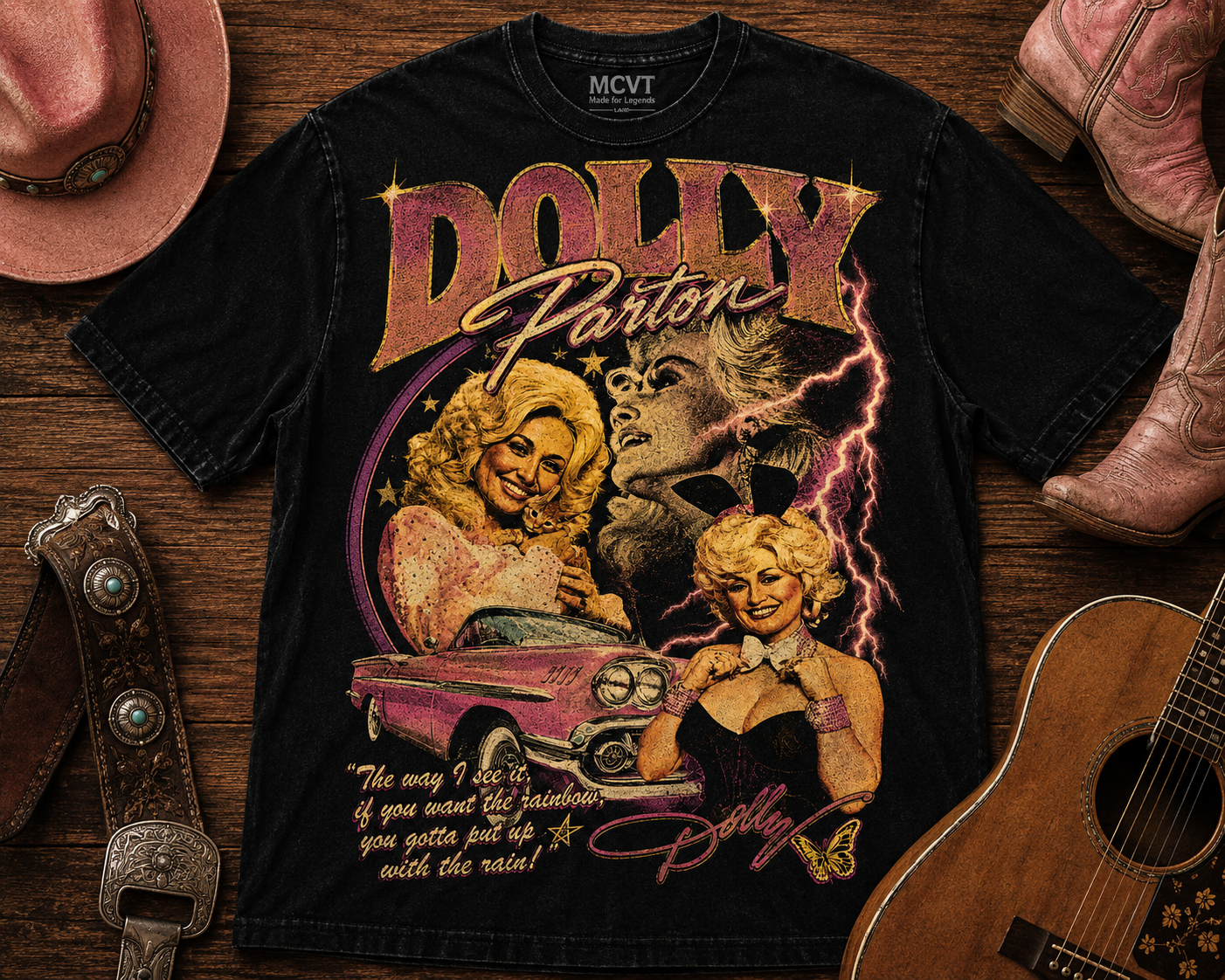 DOLLY PARTON Jumbo Print Acid Washed Vintage 90s Style Heavyweight T-Shirt