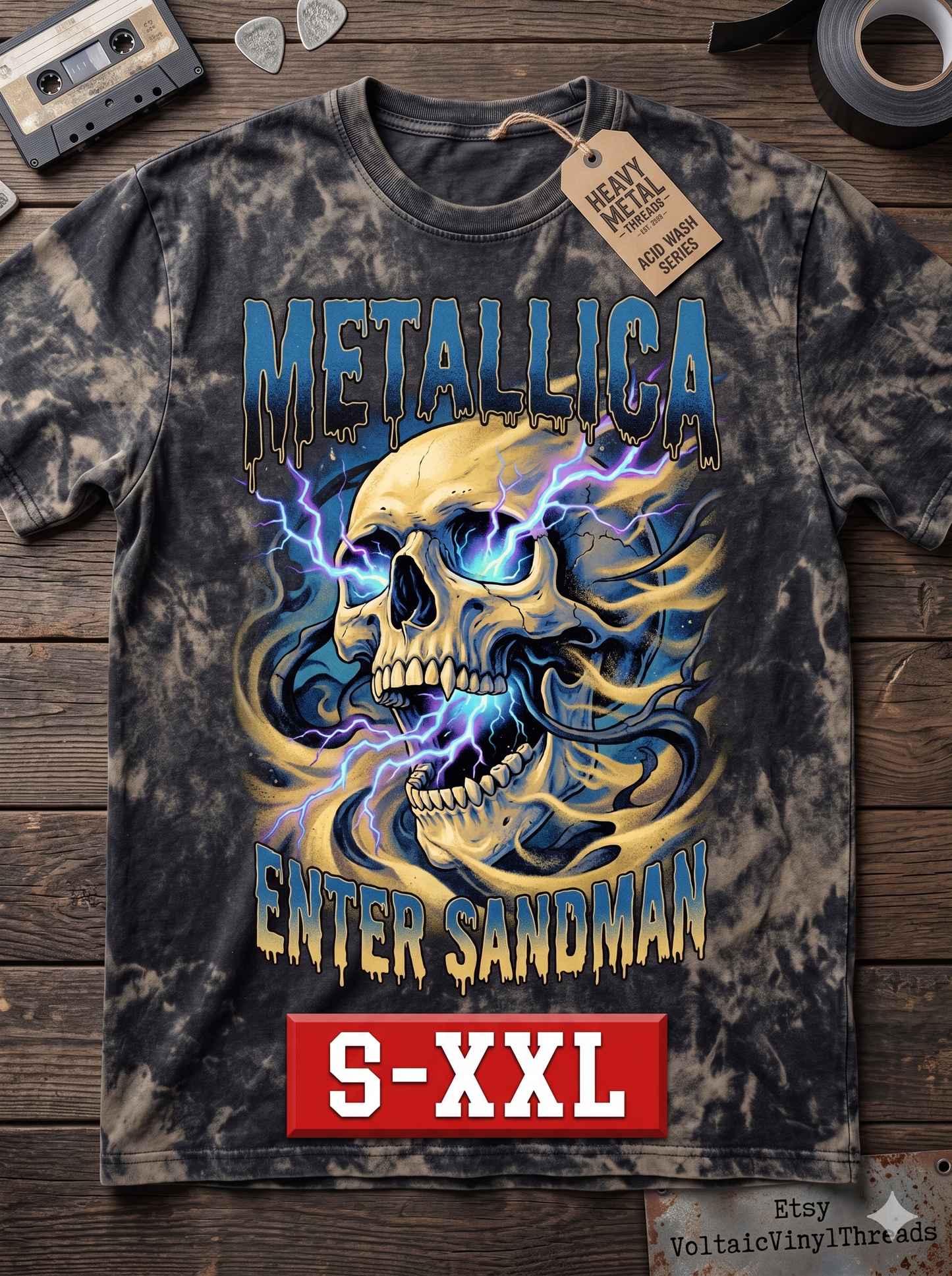 METAL LEGENDS Jumbo Print Acid Washed Vintage 90s Style Heavyweight T Shirt