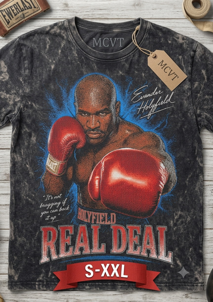 EVANDER HOLYFIELD Jumbo Print Acid Washed Vintage 90s Style Heavyweight T-Shirt