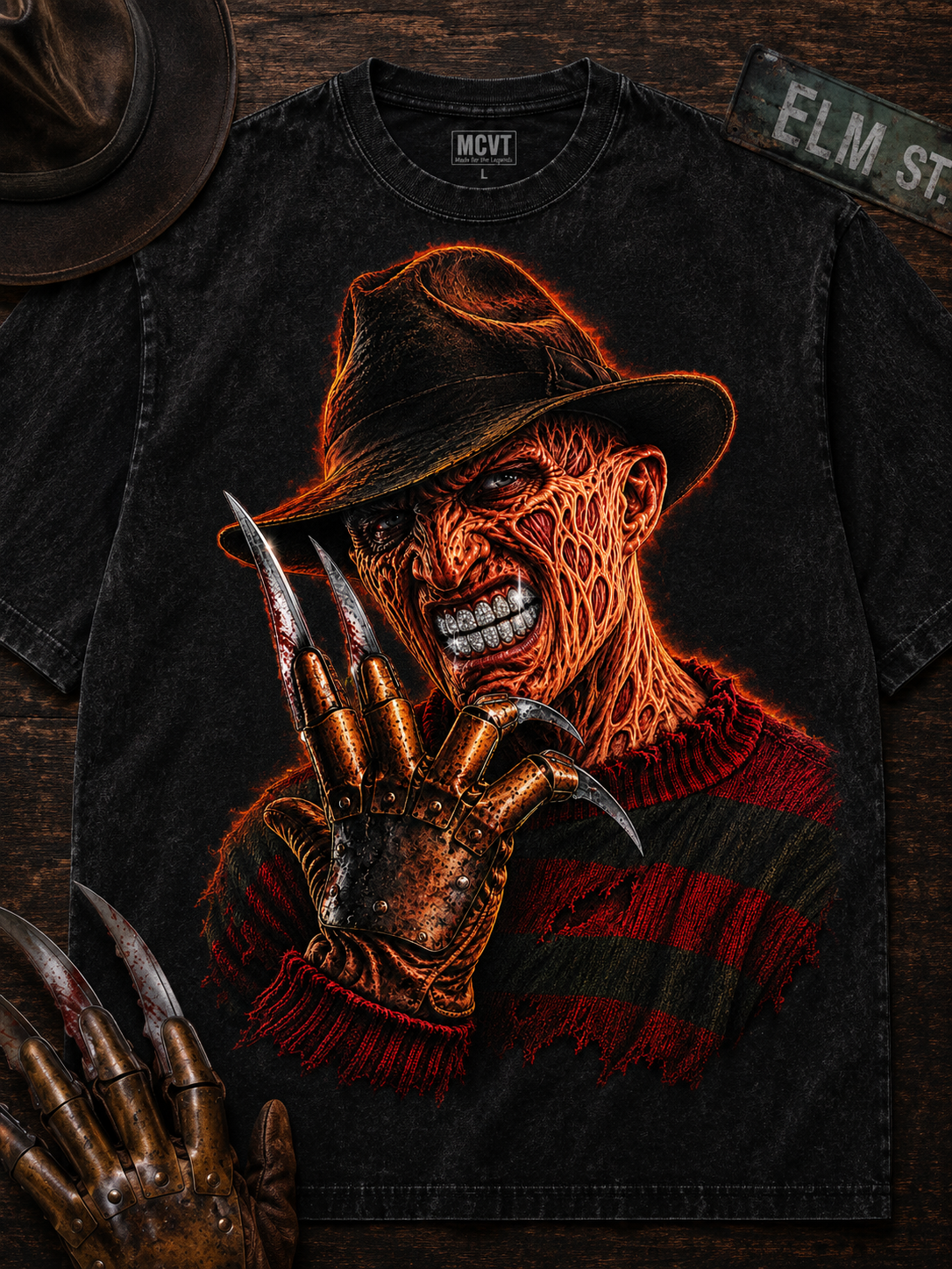 FREDDY MCVT GRILLS Jumbo Print Acid Washed Vintage 90s Style Heavyweight T-Shirt
