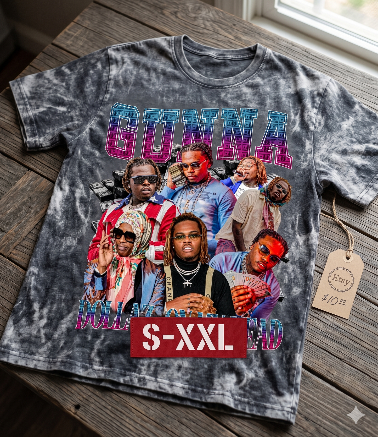 GUNNA Jumbo Print Acid Washed Vintage 90s Style Heavyweight T Shirt