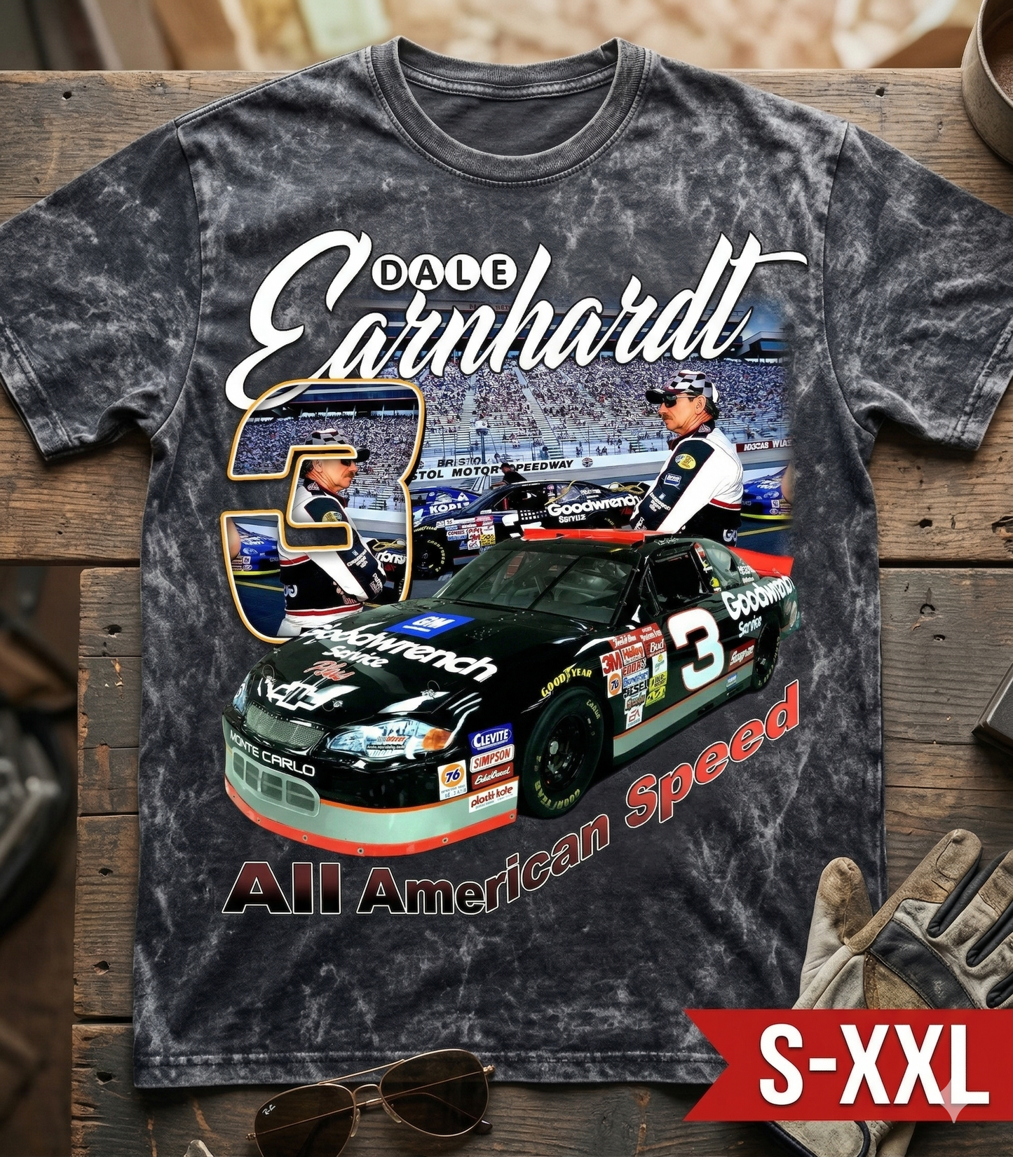 DALE EARNHARDT Jumbo Print Acid Washed Vintage 90s Style Heavyweight T Shirt