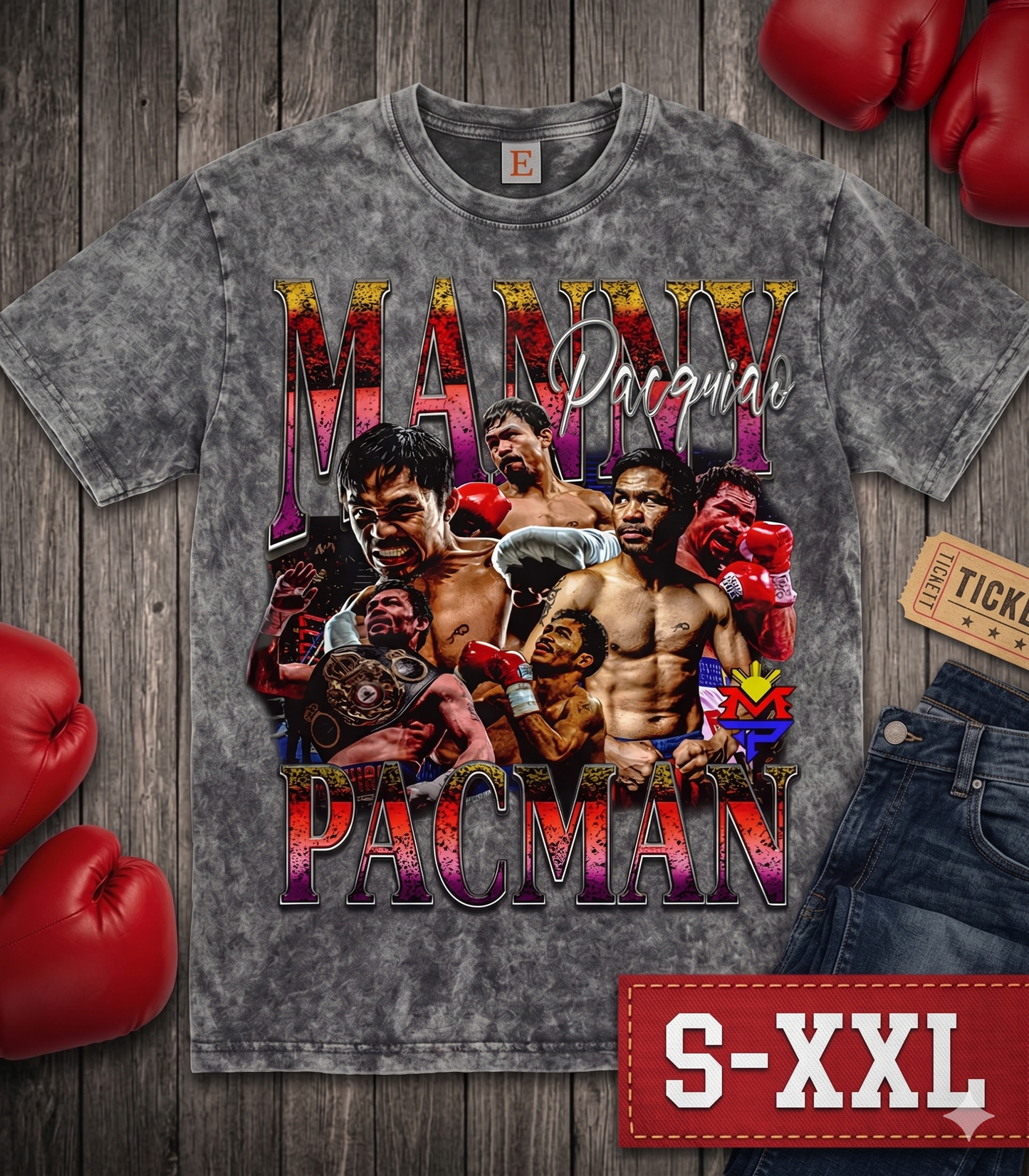 MANNY PAC MAN Jumbo Print Acid Washed Vintage 90s Style Heavyweight T Shirt
