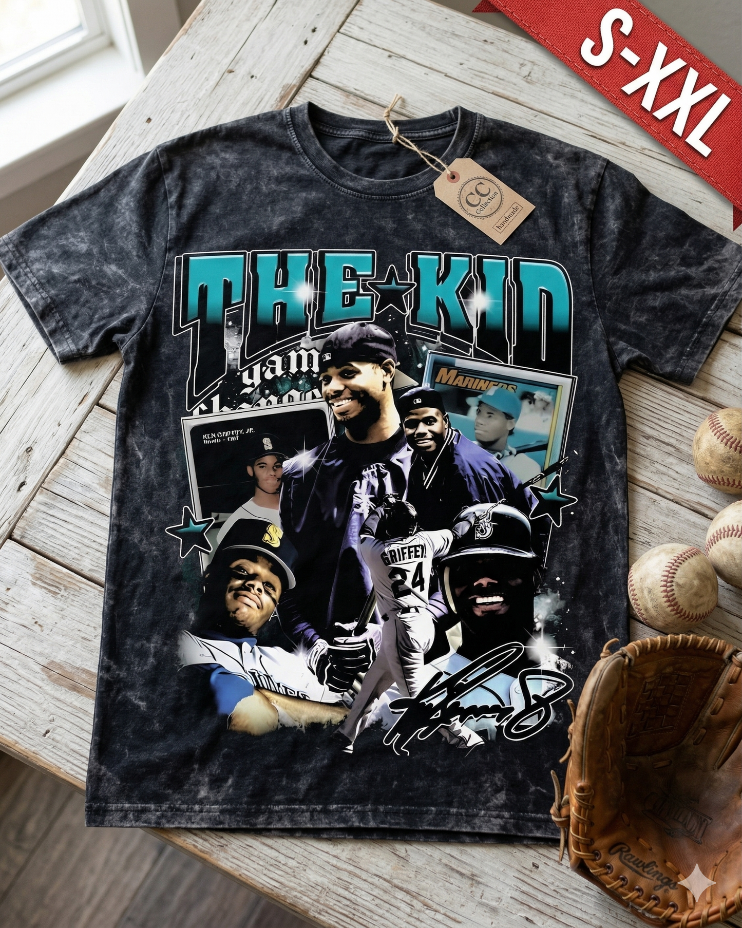 KEN GRIFFEY JR Jumbo Print Acid Washed Vintage 90s Style Heavyweight T Shirt