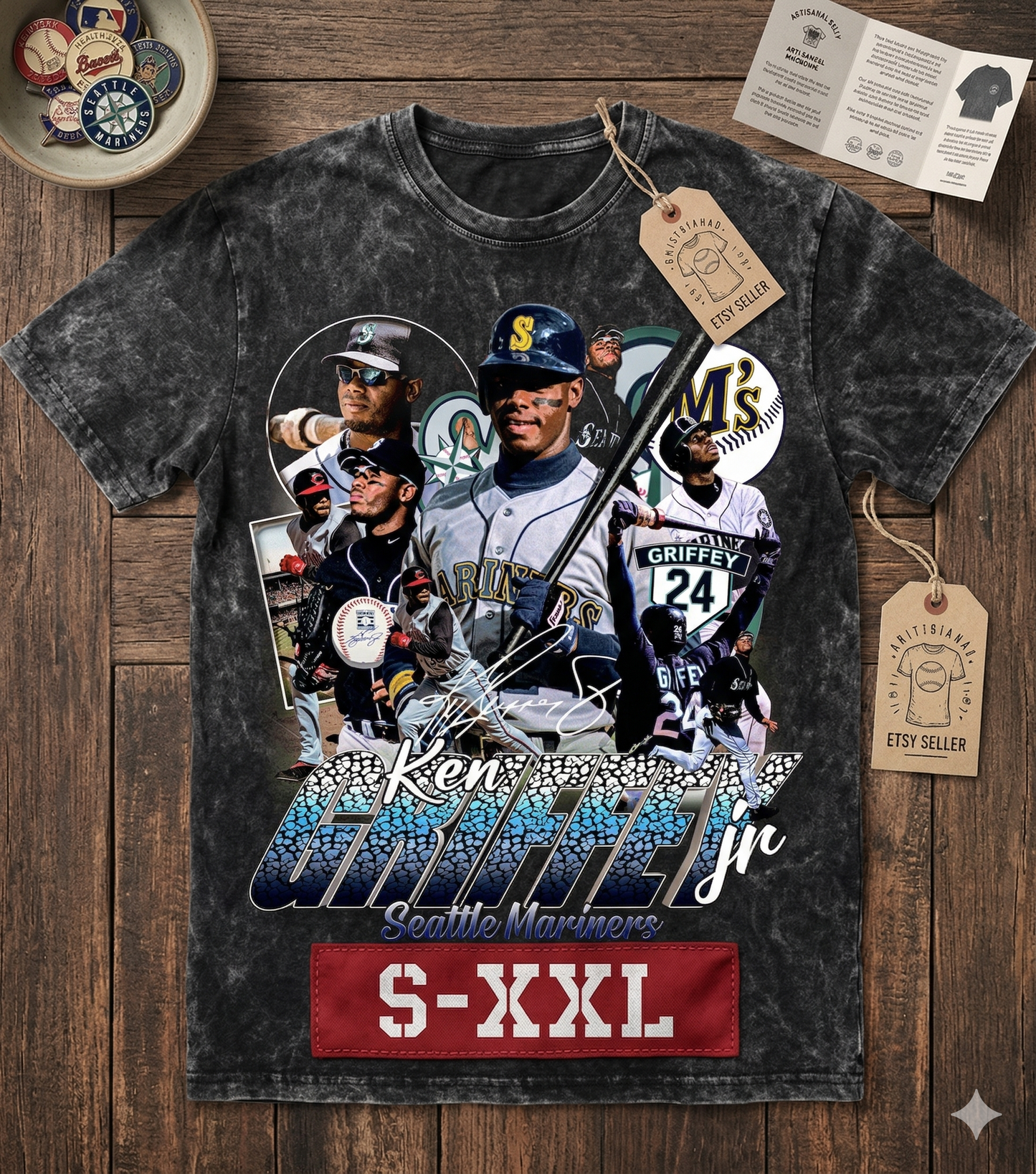 KEN GRIFFEY JR Jumbo Print Acid Washed Vintage 90s Style Heavyweight T Shirt