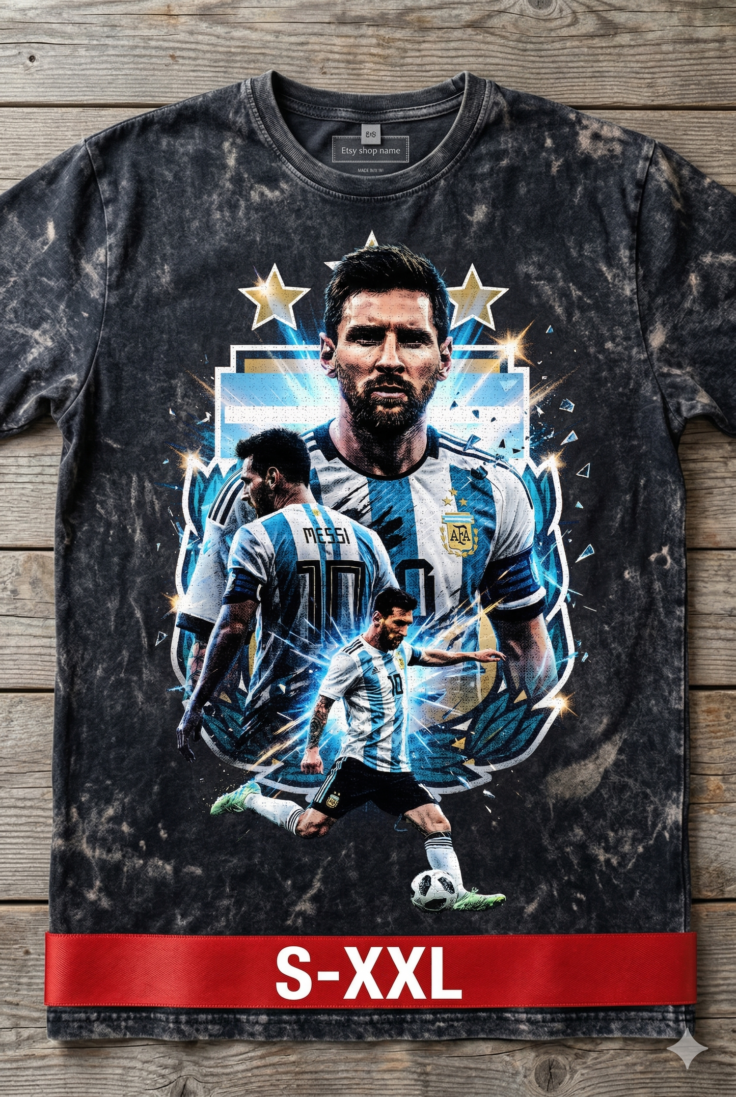 MESSI Jumbo Print Acid Washed Vintage 90s Style Heavyweight T Shirt