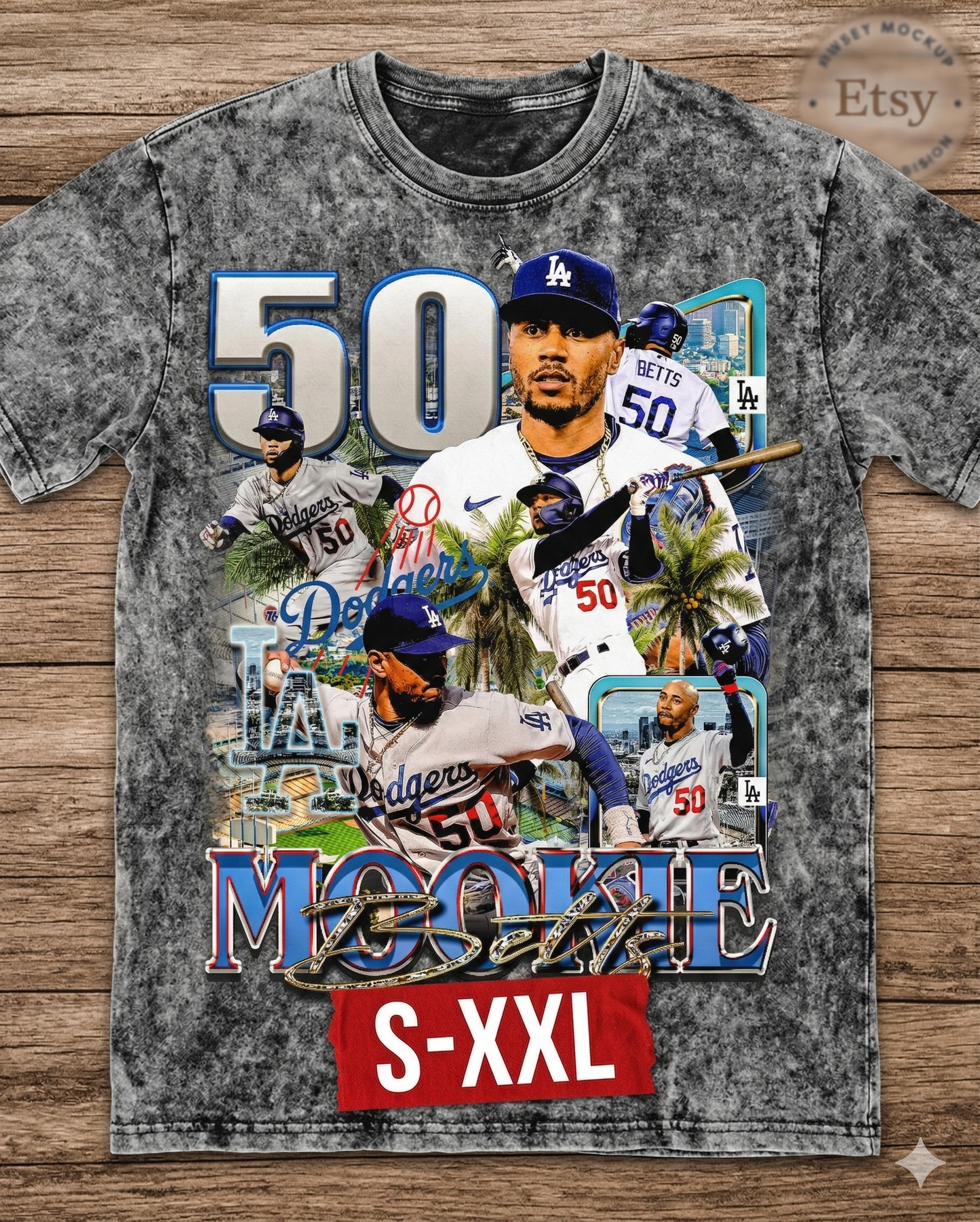 MOOKIE BETTS Jumbo Print Acid Washed Vintage 90s Style Heavyweight T Shirt