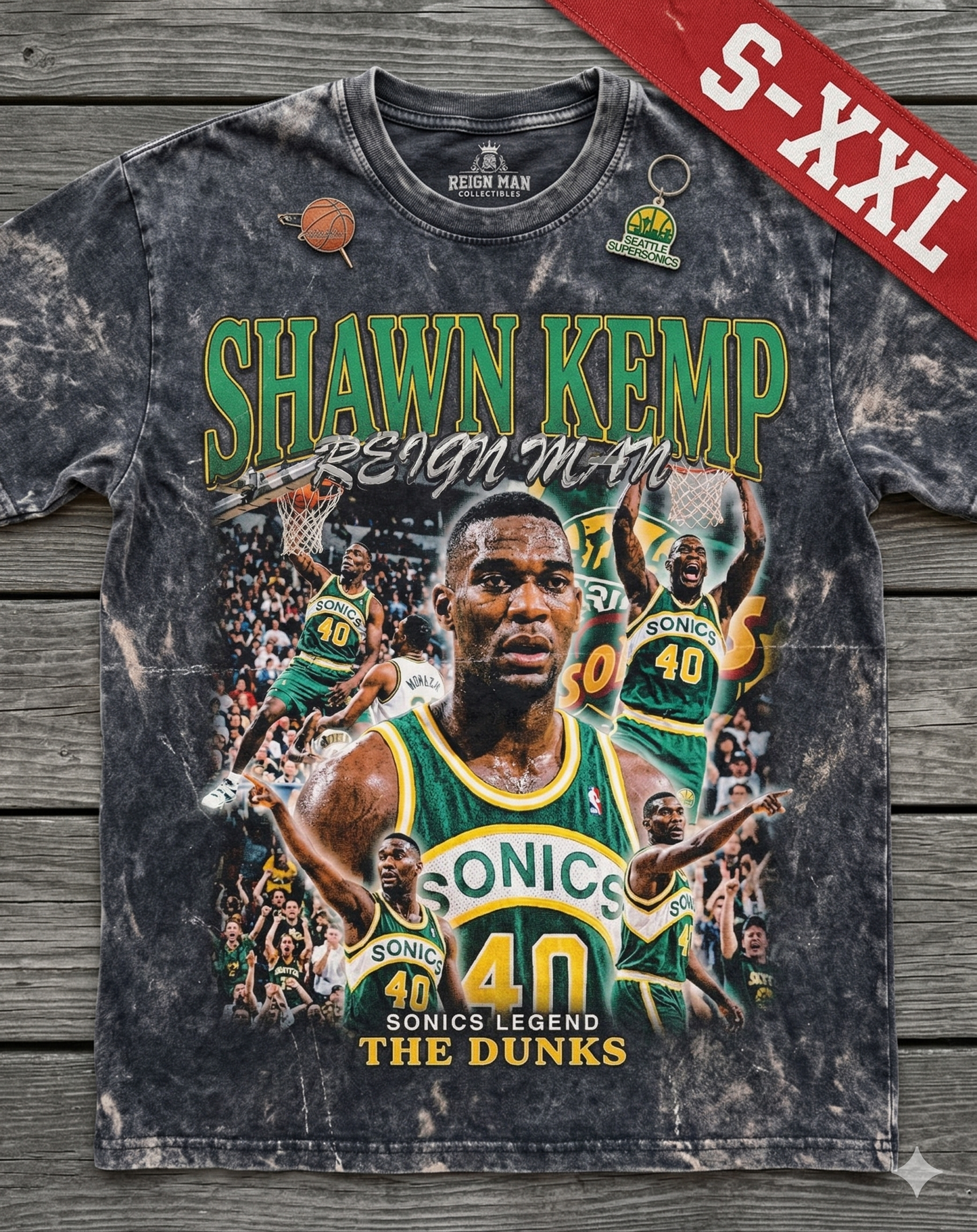 SHAWN KEMP REIGN MAN Jumbo Print Acid Washed Vintage 90s Style Heavyweight T Shirt