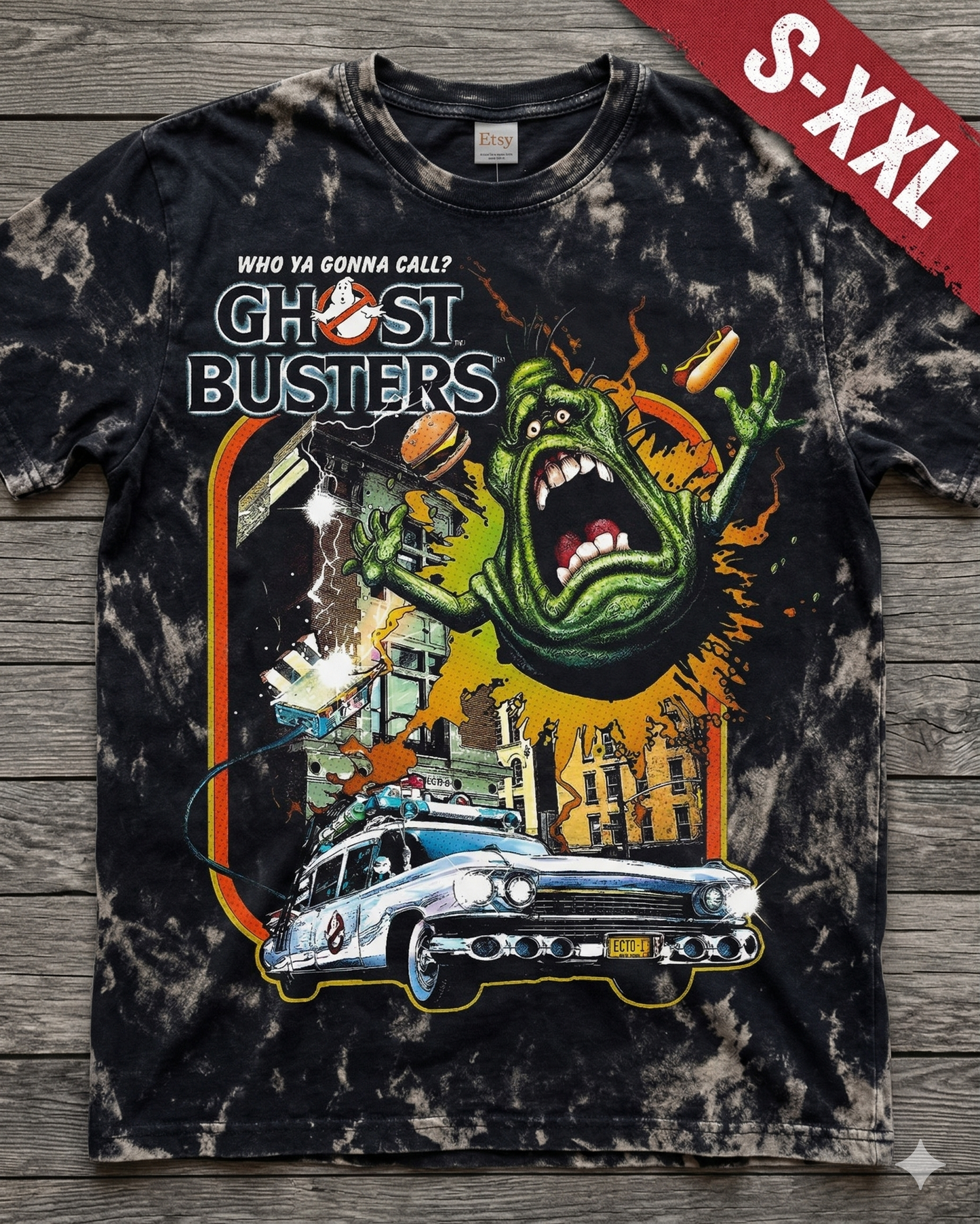 GHOSTBUSTERS Jumbo Print Acid Washed Vintage 90s Style Heavyweight T Shirt