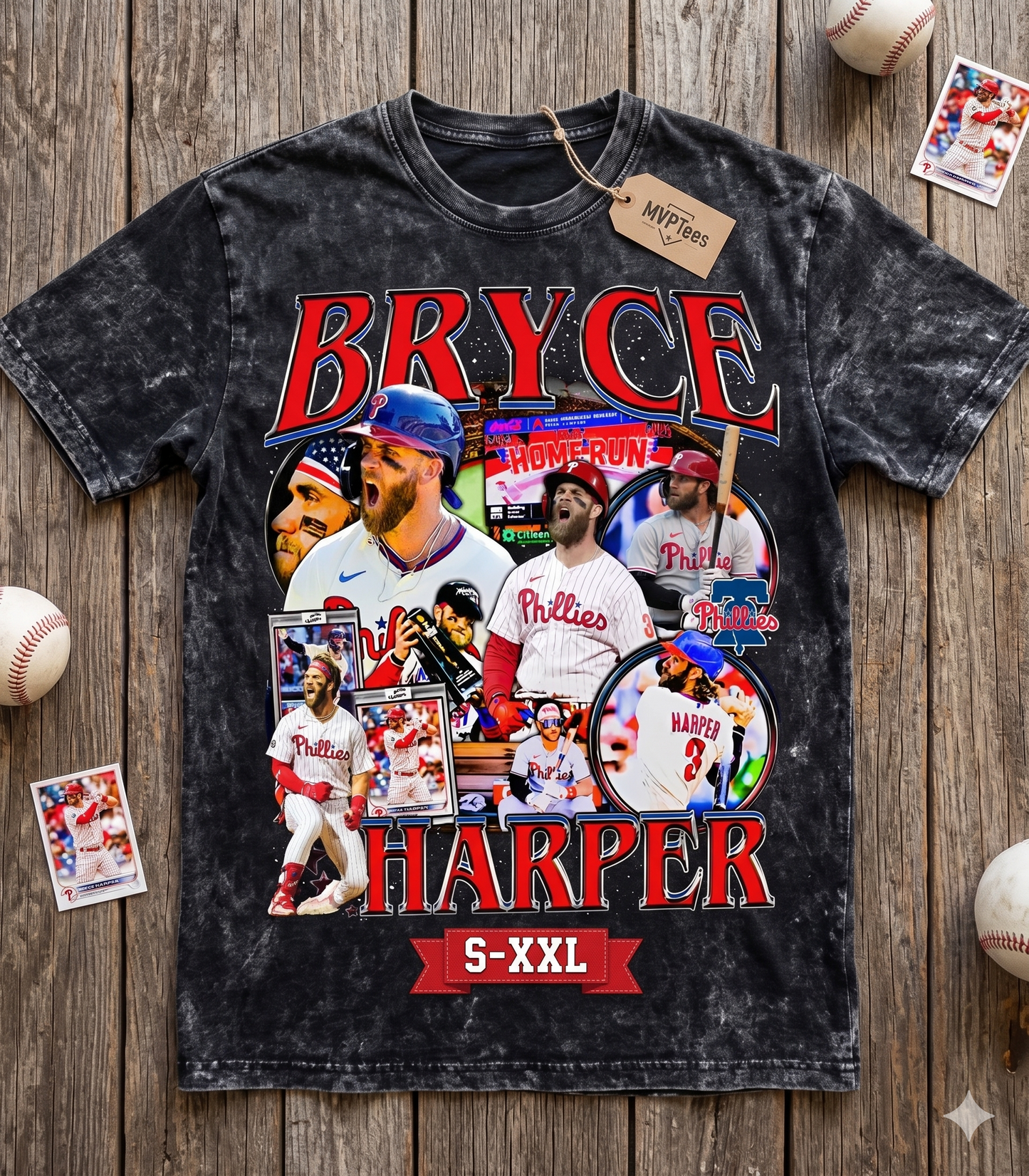 BRYCE HARPER Jumbo Print Acid Washed Vintage 90s Style Heavyweight T Shirt