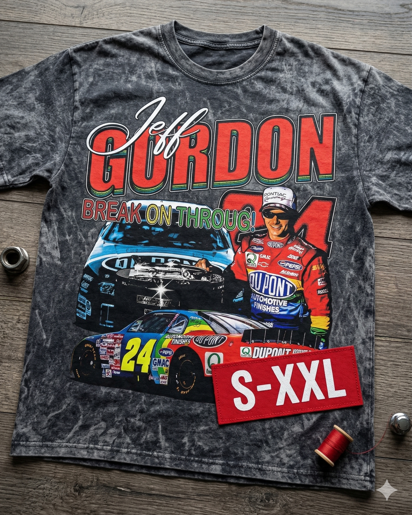 JEFF GORDON Jumbo Print Acid Washed Vintage 90s Style Heavyweight T Shirt