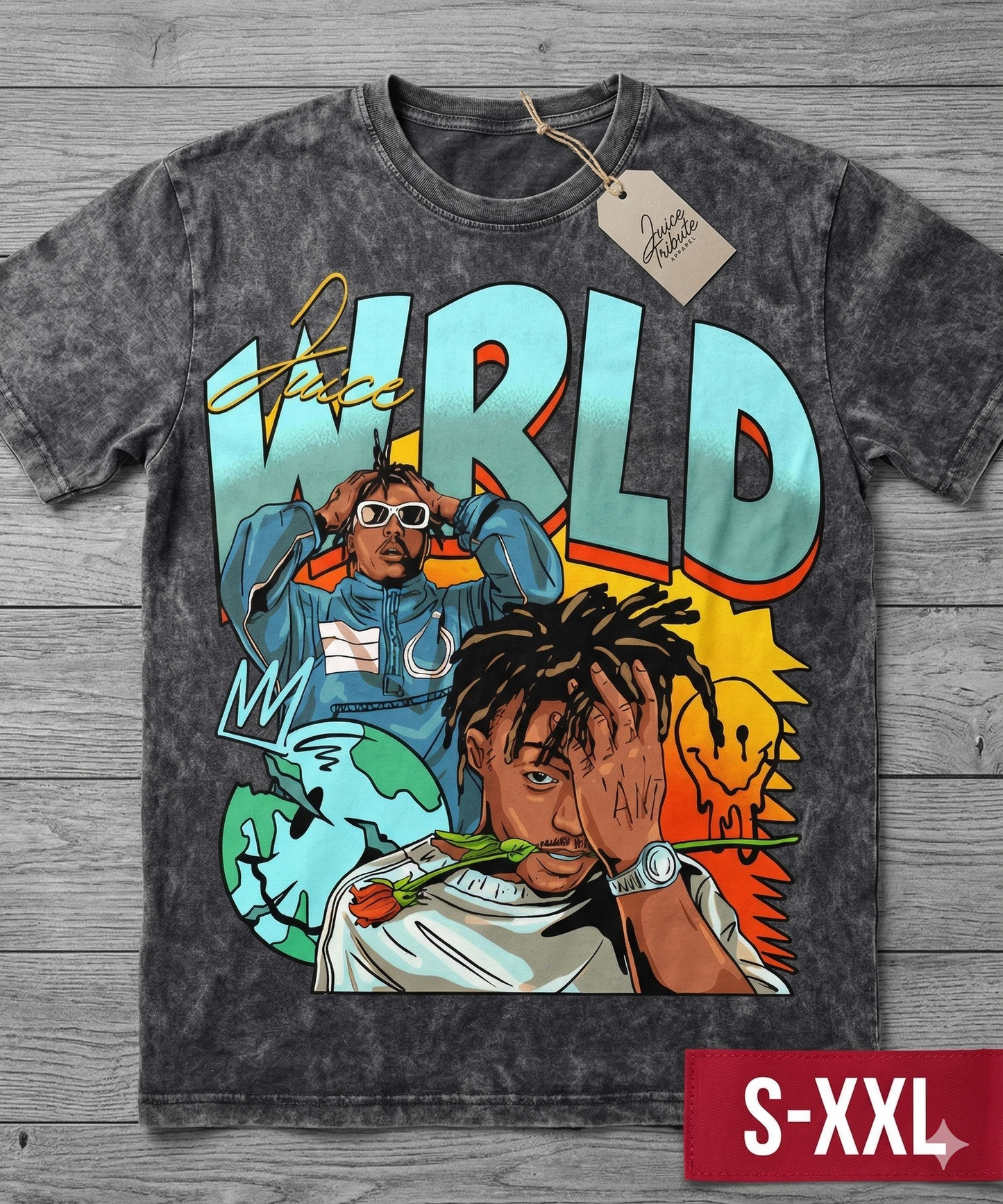 JUICE WRLD Jumbo Print Acid Washed Vintage 90s Style Heavyweight T Shirt