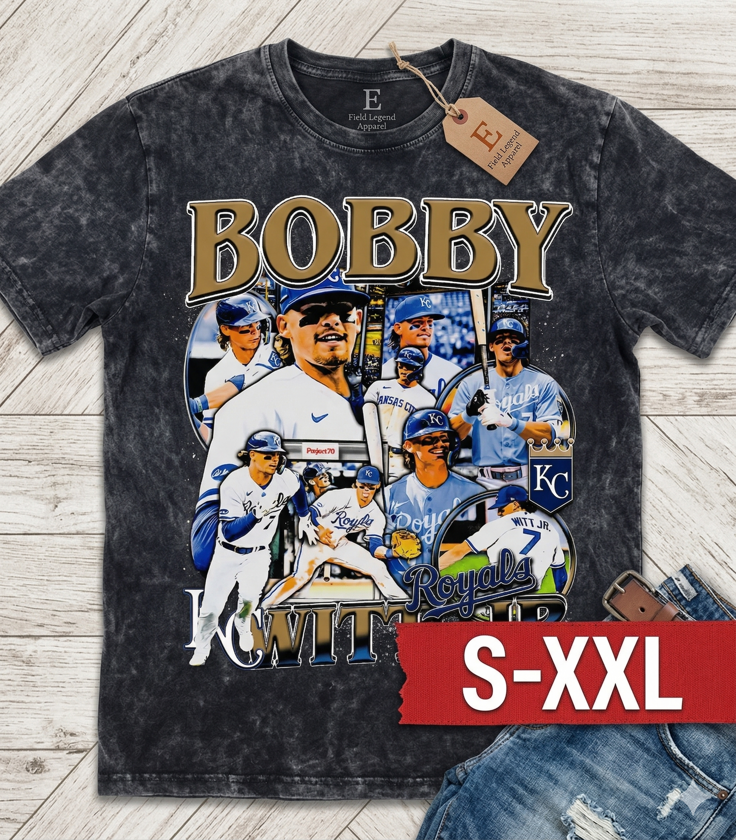 BOBBY WITT JR Jumbo Print Acid Washed Vintage 90s Style Heavyweight T Shirt