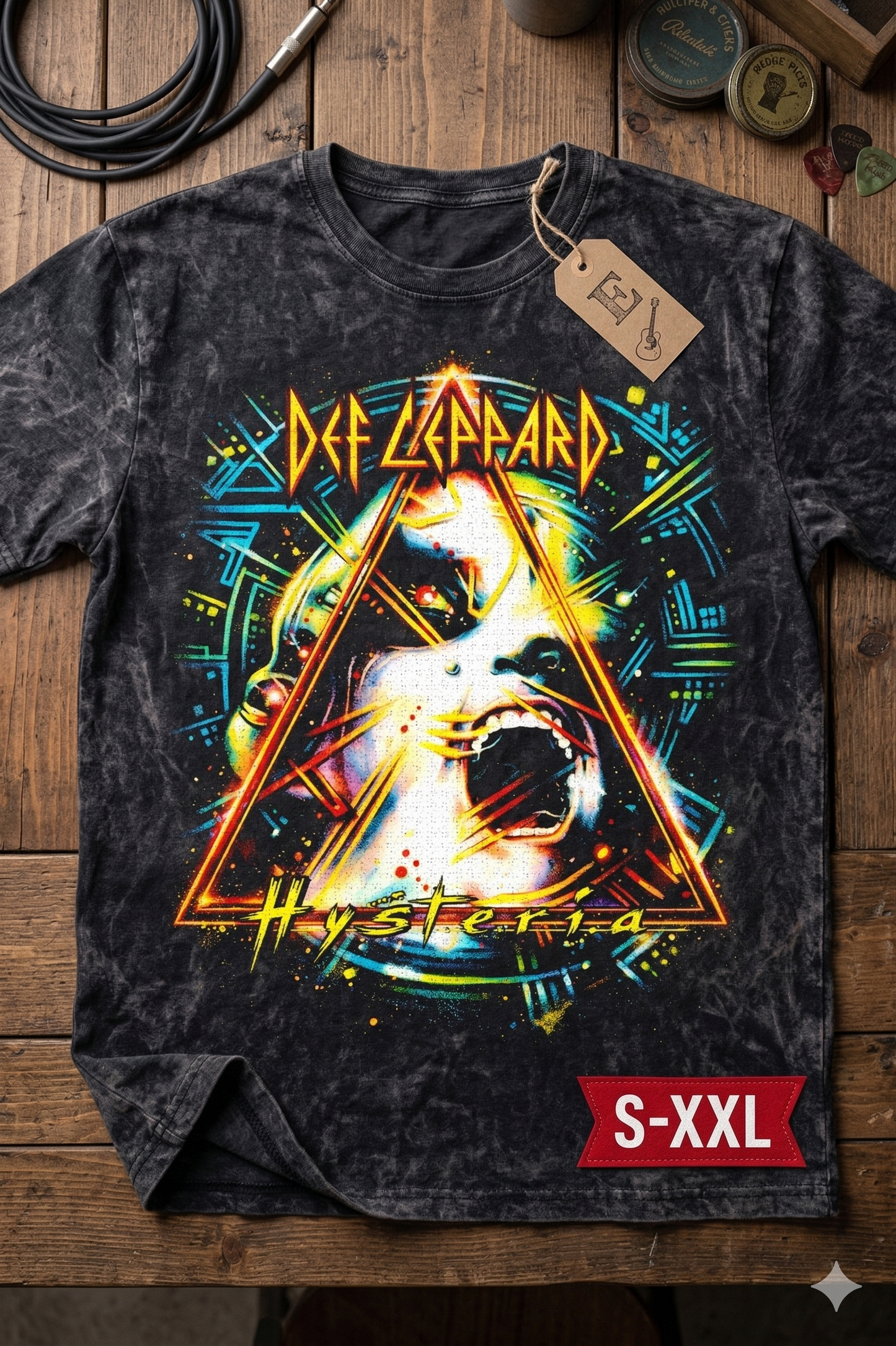DEF LEPPARD Jumbo Print Acid Washed Vintage 90s Style Heavyweight T Shirt