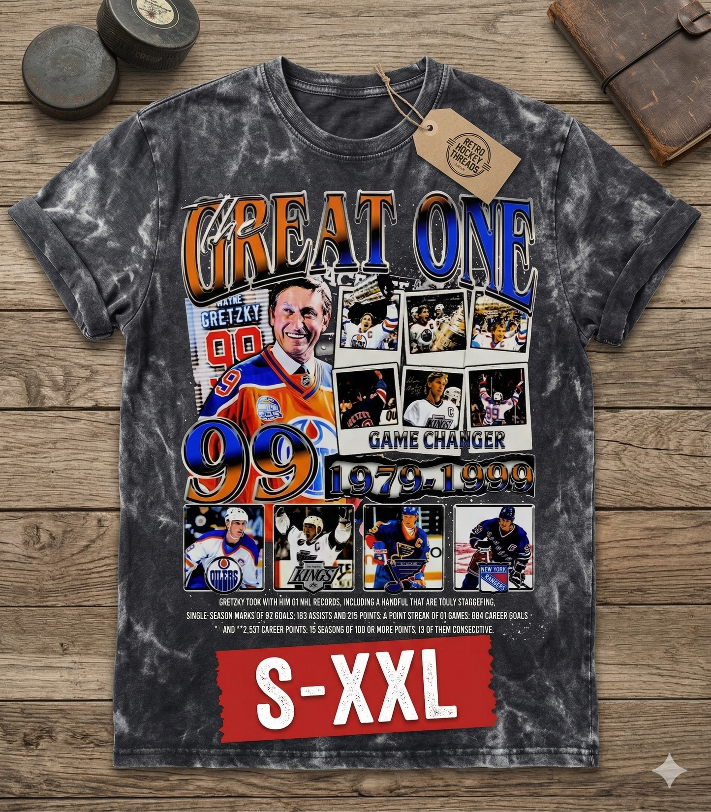 WAYNE GRETZKY Jumbo Print Acid Washed Vintage 90s Style Heavyweight T Shirt