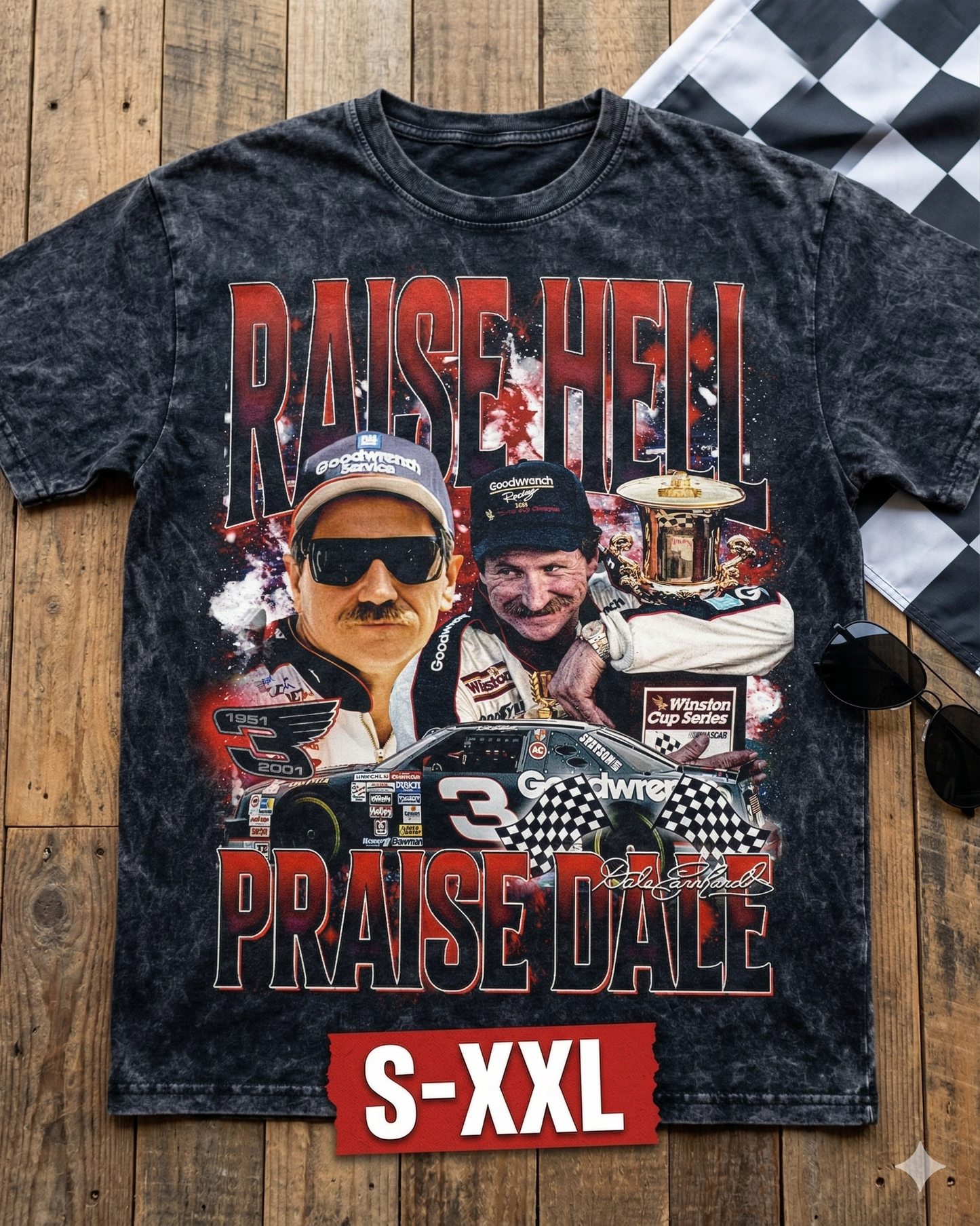 DALE EARNHARDT Jumbo Print Acid Washed Vintage 90s Style Heavyweight T Shirt