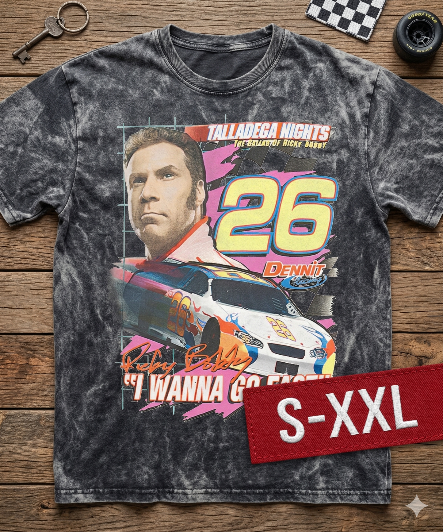 TALLADEGA NIGHTS Jumbo Print Acid Washed Vintage 90s Style Heavyweight T Shirt