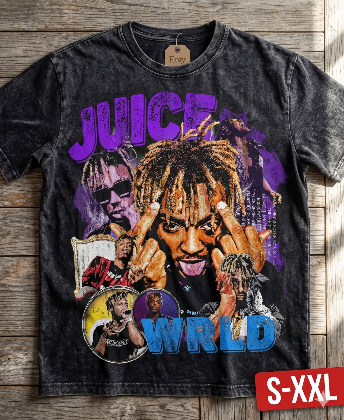 JUICE WRLD Jumbo Print Acid Washed Vintage 90s Style Heavyweight T Shirt