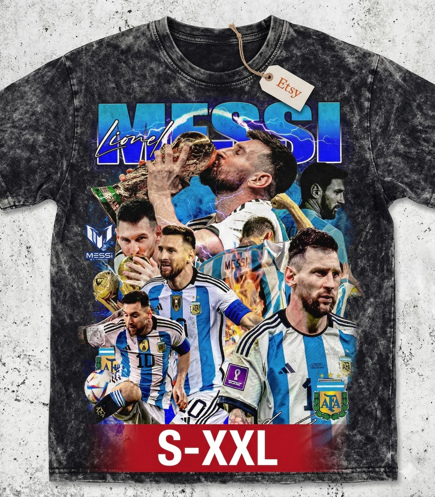 LIONEL MESSI Jumbo Print Acid Washed Vintage 90s Style Heavyweight T Shirt