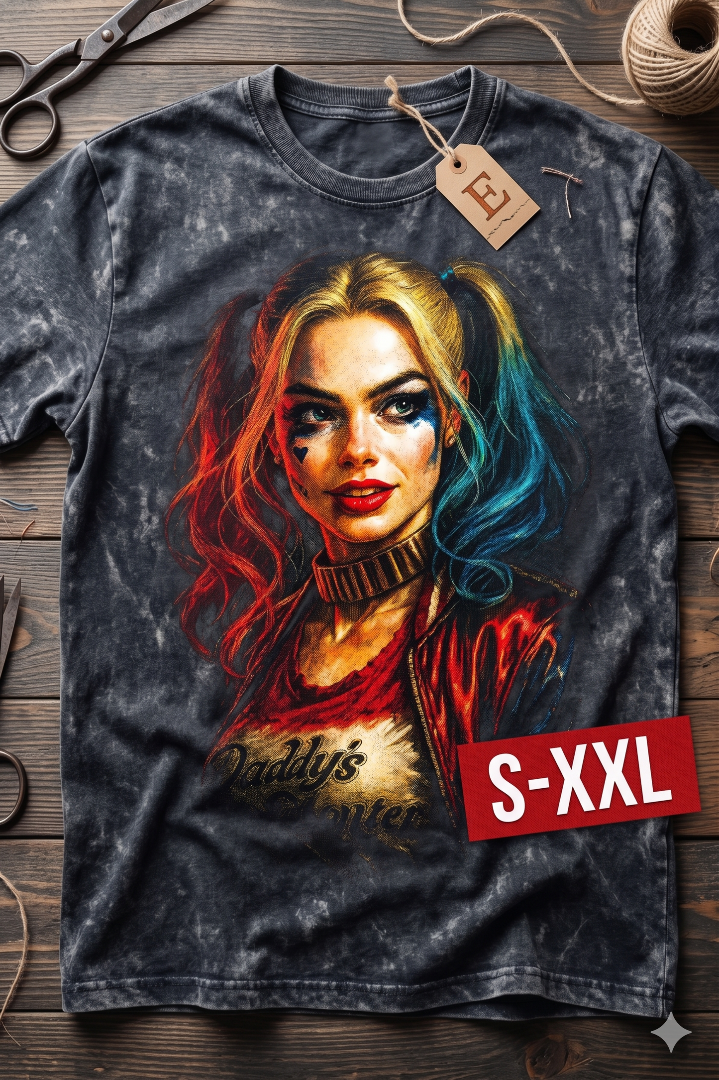 HARLEY QUINN Jumbo Print Acid Washed Vintage 90s Style Heavyweight T Shirt