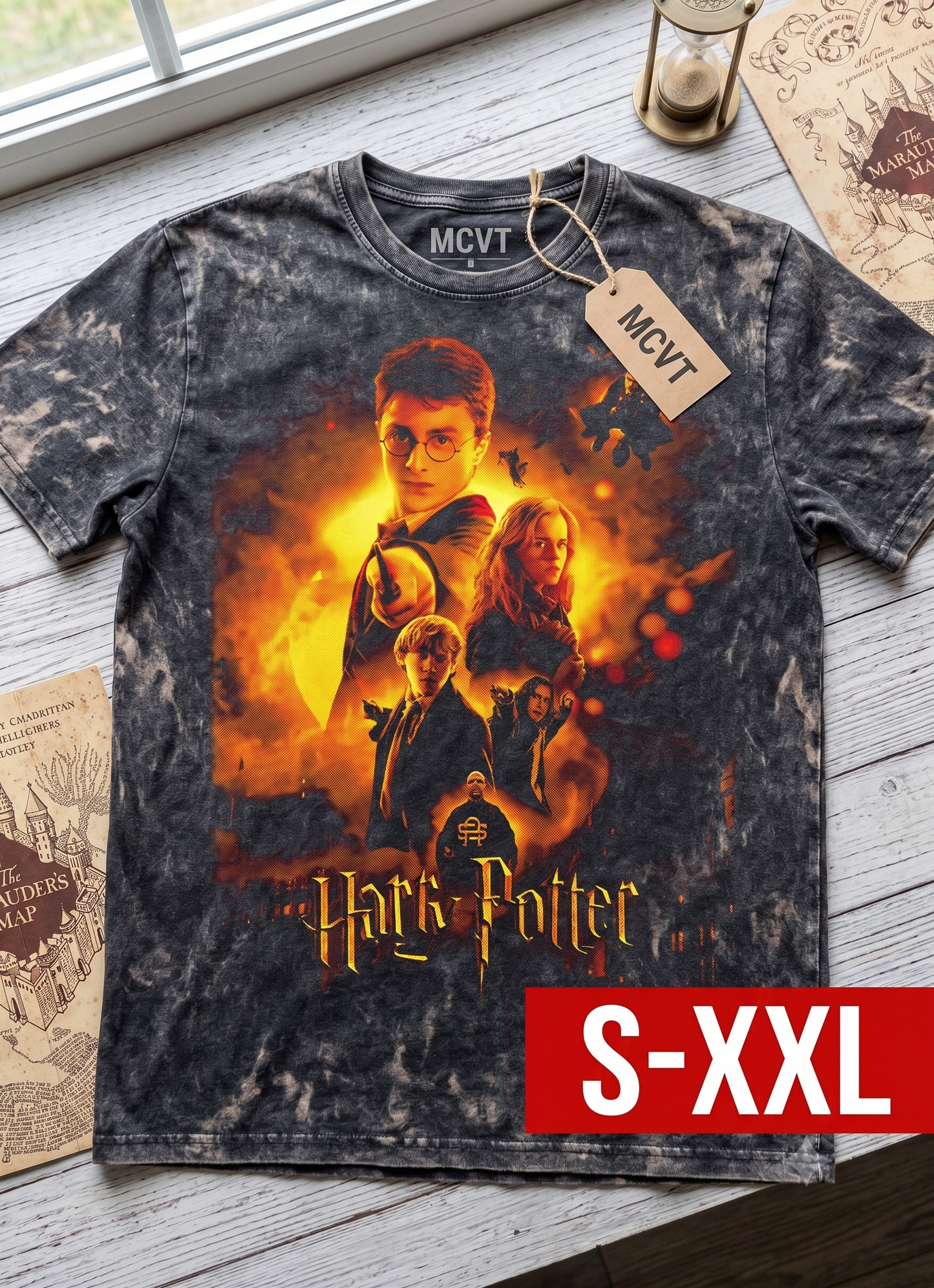 HARRY POTTER Jumbo Print Acid Washed Vintage 90s Style Heavyweight T-Shirt