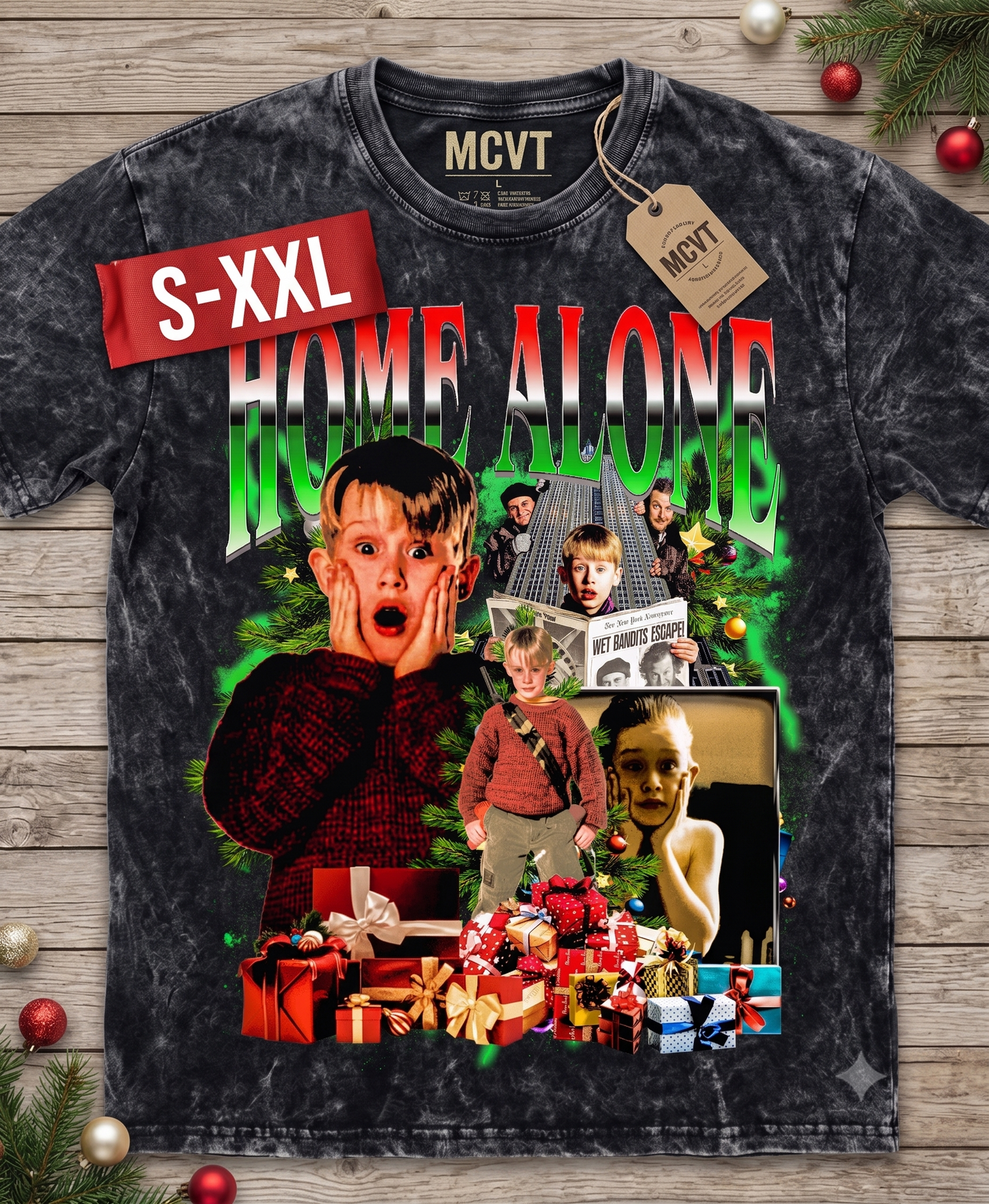 HOME ALONE Jumbo Print Acid Washed Vintage 90s Style Heavyweight T-Shirt