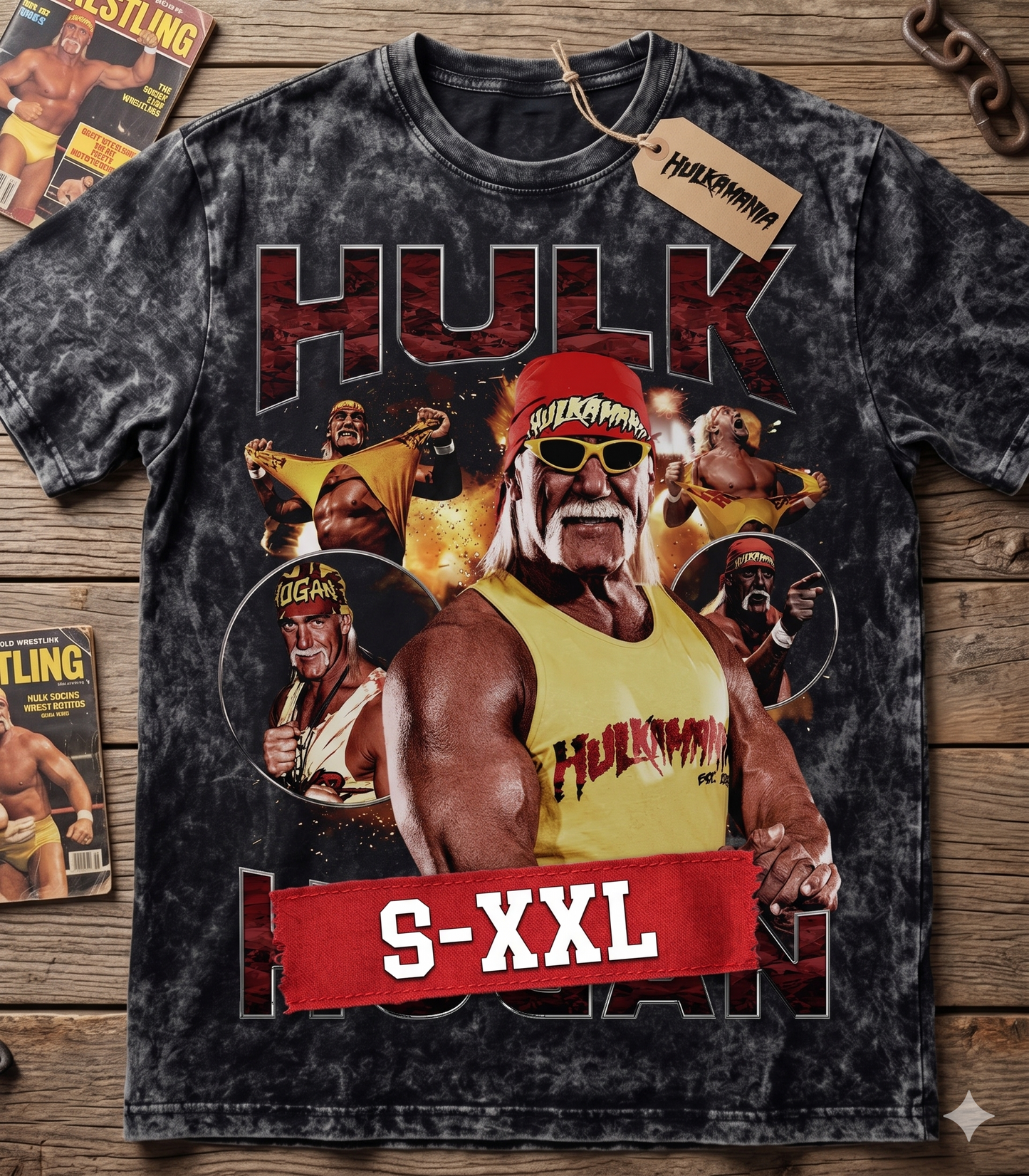 HULK HOGAN Jumbo Print Acid Washed Vintage 90s Style Heavyweight T-Shirt