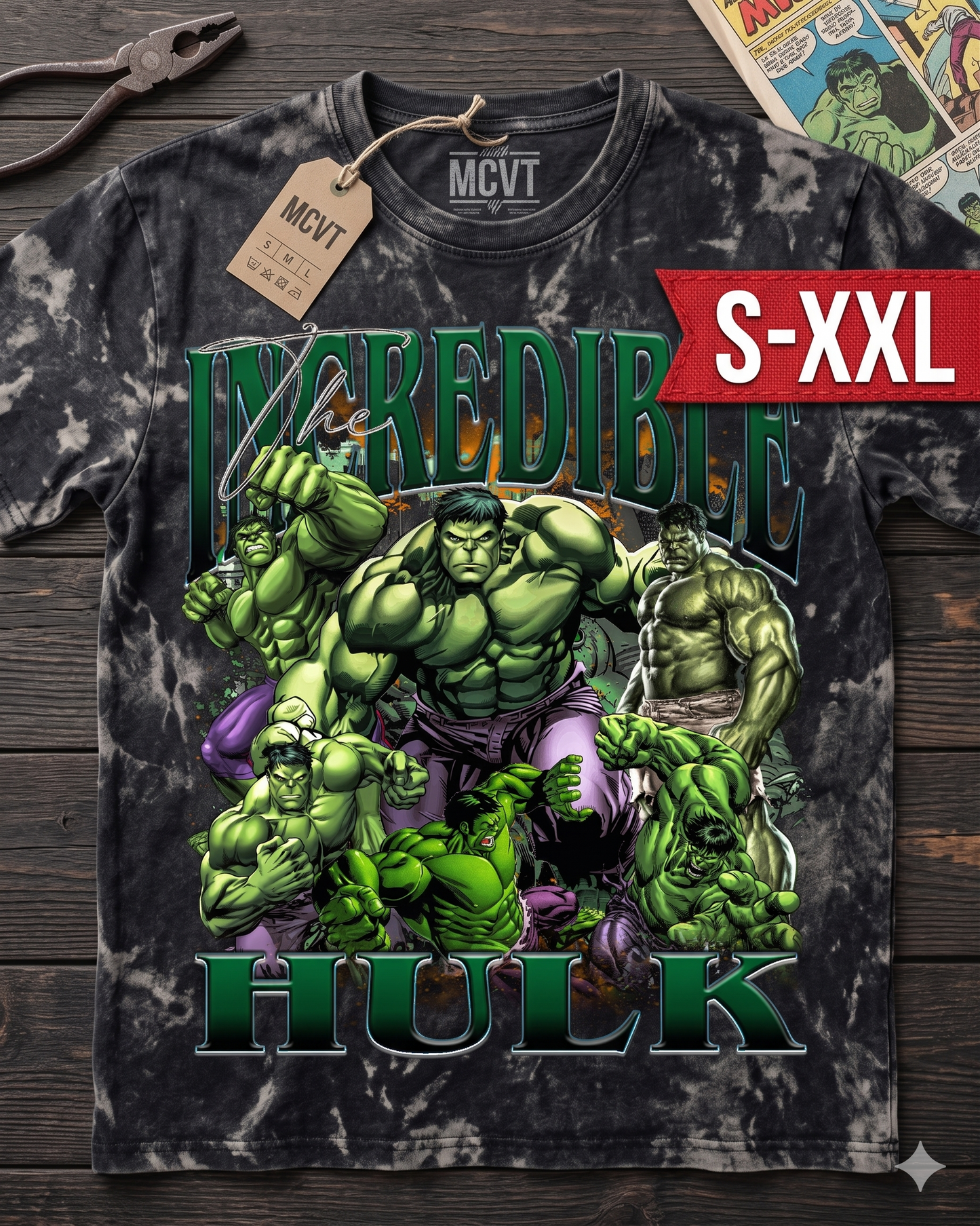 INCREDIBLE HULK Jumbo Print Acid Washed Vintage 90s Style Heavyweight T-Shirt