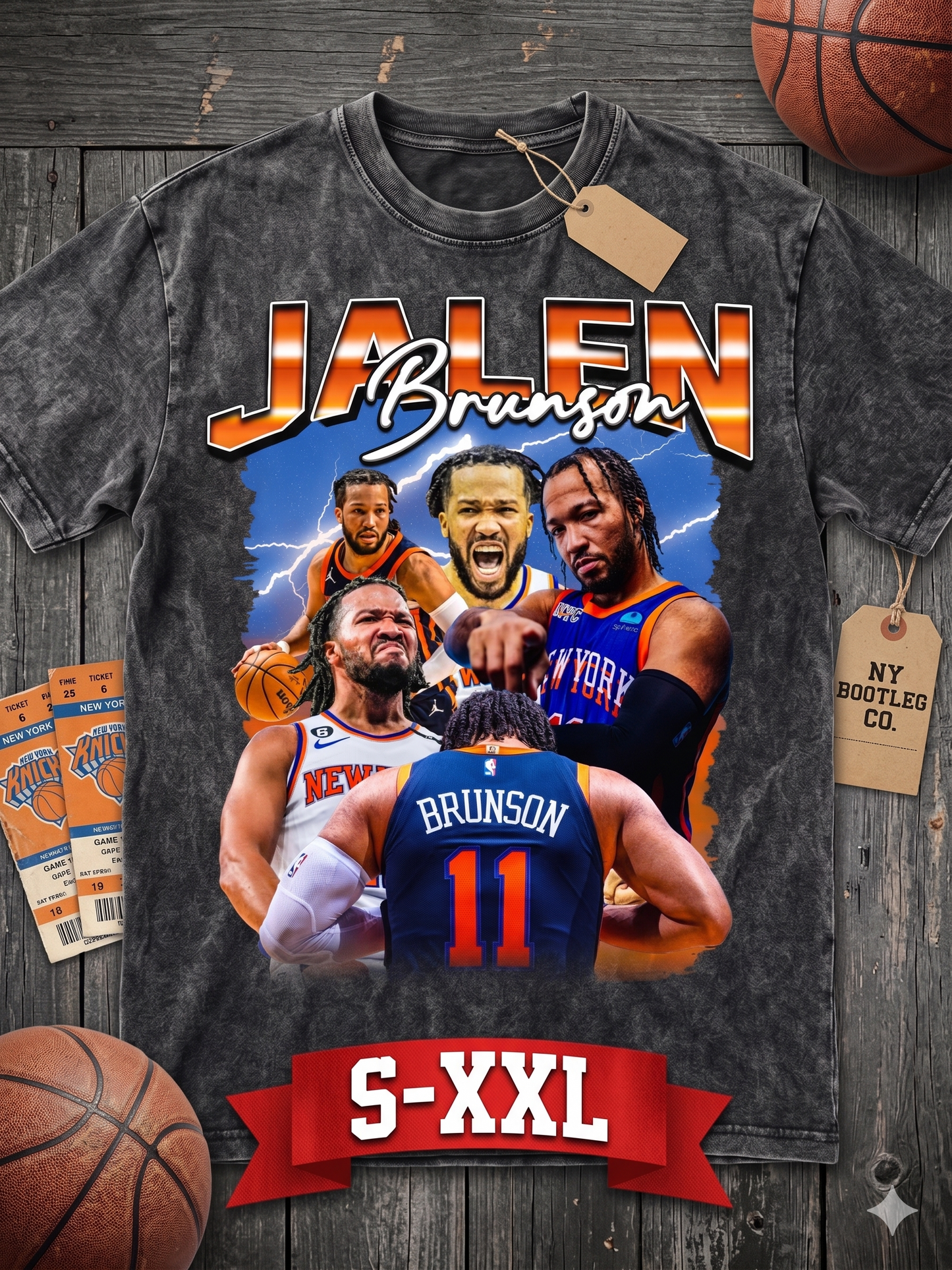 JALEN BRUNSON Jumbo Print Acid Washed Vintage 90s Style Heavyweight T-Shirt