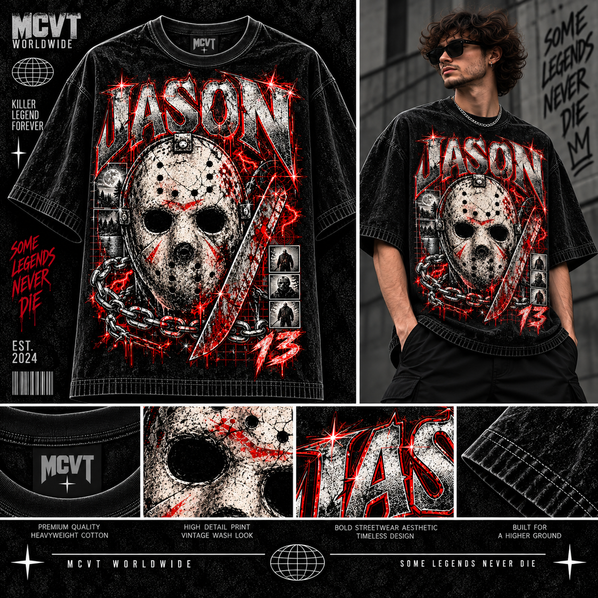 JASON ICONIC SERIES Jumbo Print Acid Washed Vintage 90s Style Heavyweight T-Shirt