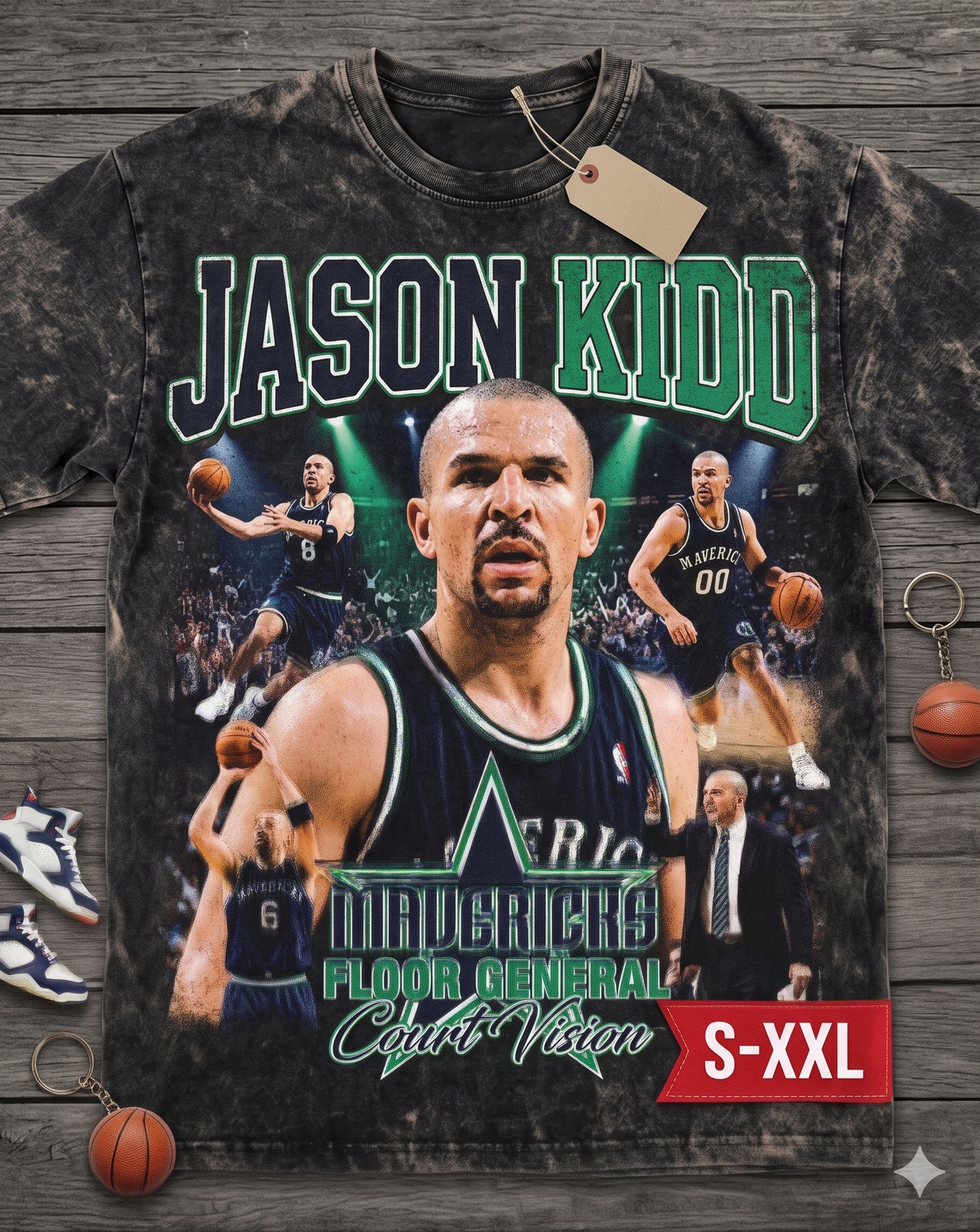 JASON KIDD Jumbo Print Acid Washed Vintage 90s Style Heavyweight T Shirt